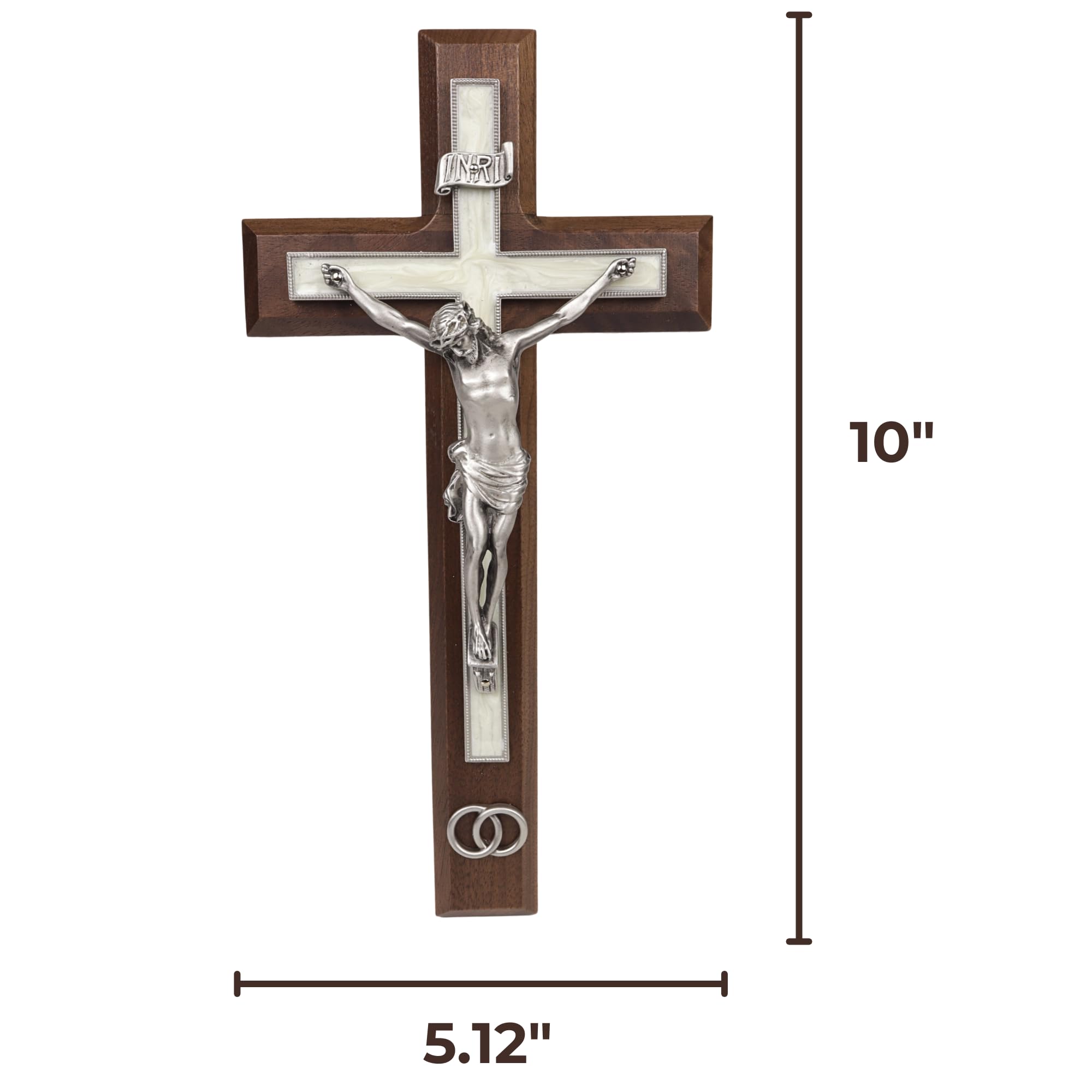 Needzo Walnut Wood Crucifix with Pewter Corpus and Wedding Rings, Marriage Gifts for Couples, Religious Ceremony, 10 Inches 6