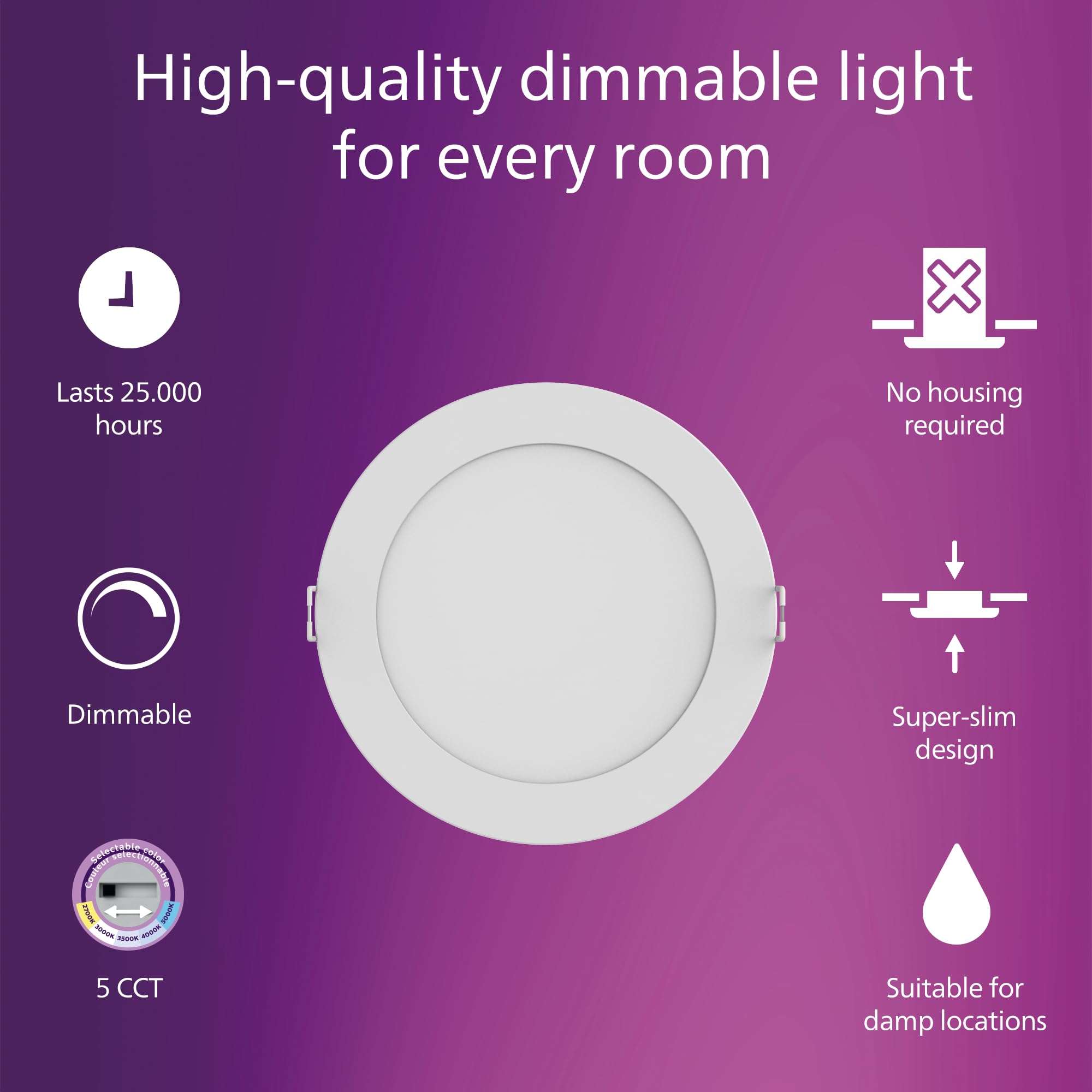 Philips LED 4-Inch Slim Downlight, 12 Pack, Canless Design, 800 lm, Dimmable, EyeComfort, 10.5W, 5 CCTs 2700-3000-3500-4000-5000K, 25,000 Hours 4