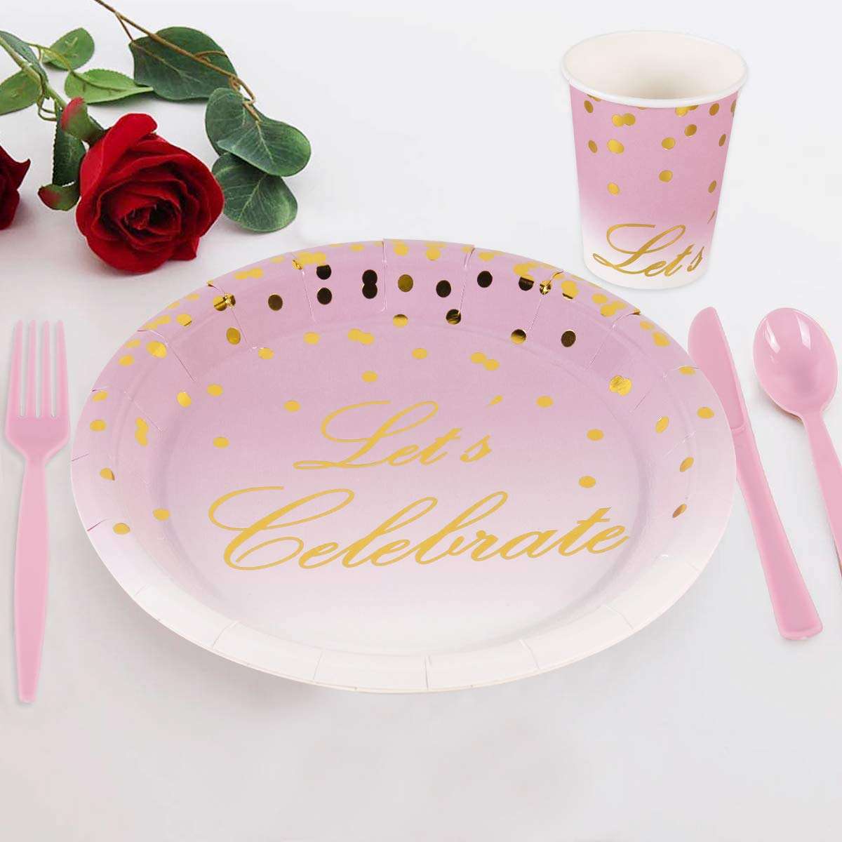 Patimate 168 Piece Pink and Gold Party Supplies | Disposable Dinnerware Set Services 24 | Includes Plastic Knive Spoons Forks Paper Plates Napkins Cups Straws | Birthday Bridal Baby Shower Girls 2