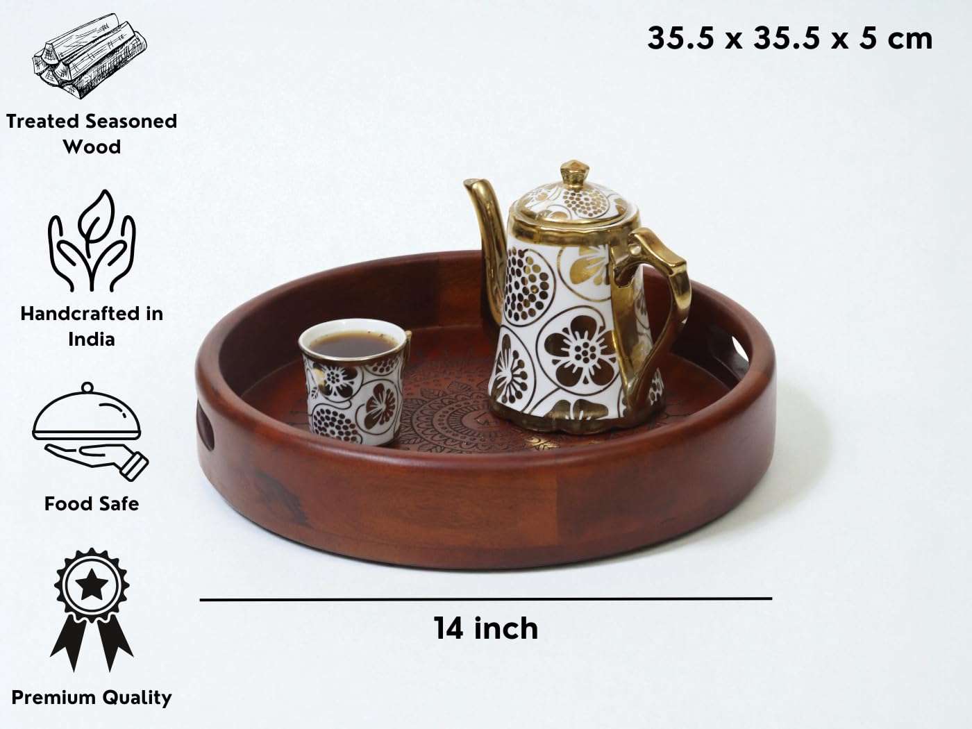 Vesta Homes Premium Wood Round Serving Tray for Home/Kitchen/Restaurant/Office Organizer/Dining Table | Premium Serving Trays | 30.5 x 30.5 x 5 cm | Handcrafted in India 5