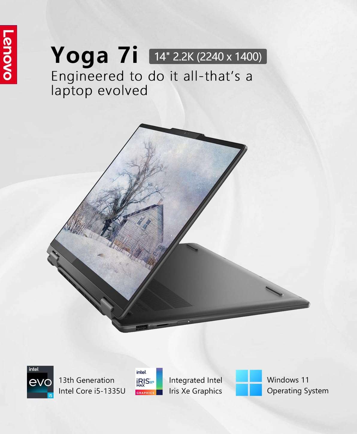 Lenovo Yoga 7i 2-in-1 Laptop, 14" 2.2K IPS Touchscreen, Intel Core i5-1335U (10 core), 8GB RAM, 2TB SSD, Intel Iris Xe Graphics, Backlit Keyboard, Wi-Fi 6E, Windows 11 Home, Storm Grey, W/GaLiMu 2