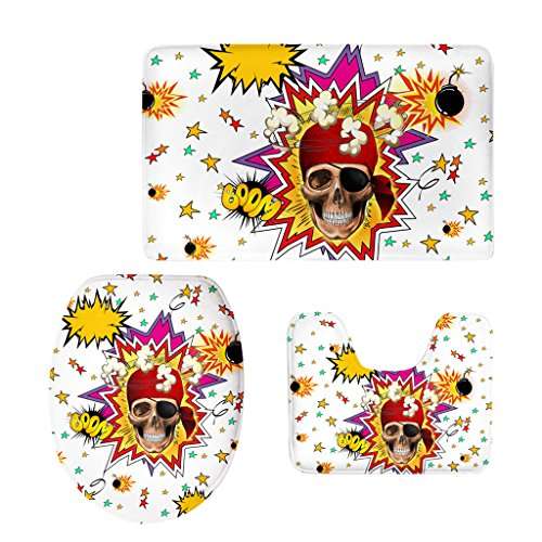 FLAWISH Set of 3PCS Safe Slip Resistant Flannel Bath Mat with Toilet Rug & Seat Cover Entrance Door Bathroom Coffee Study Kitchen Bed Decor Pirate #1 1