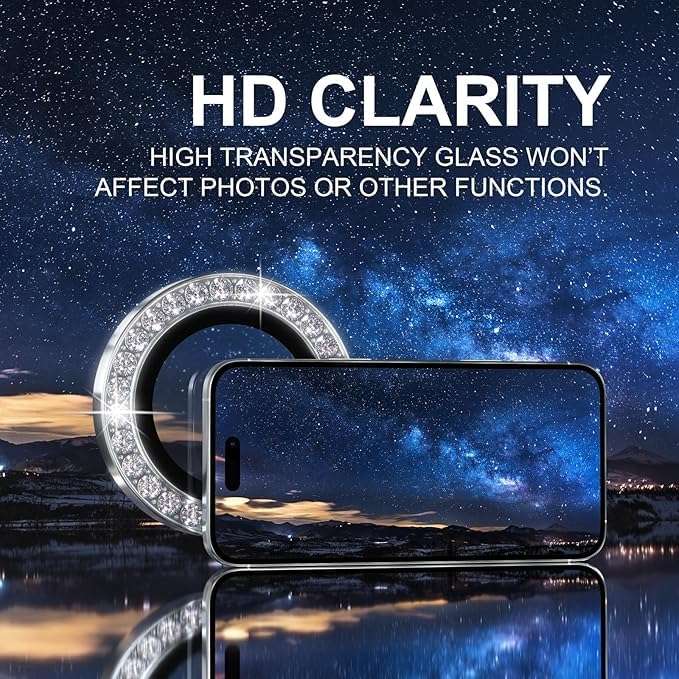 STP FEEL® Diamond Camera Ring Protector Compatible for iPhone 16 Pro 5G / 16 Pro Max 5G Full Coverage Metal HD+ Tempered Glass Camera Protector Ring Anti-Scratch Dust-proof Case Friendly - Silver 4