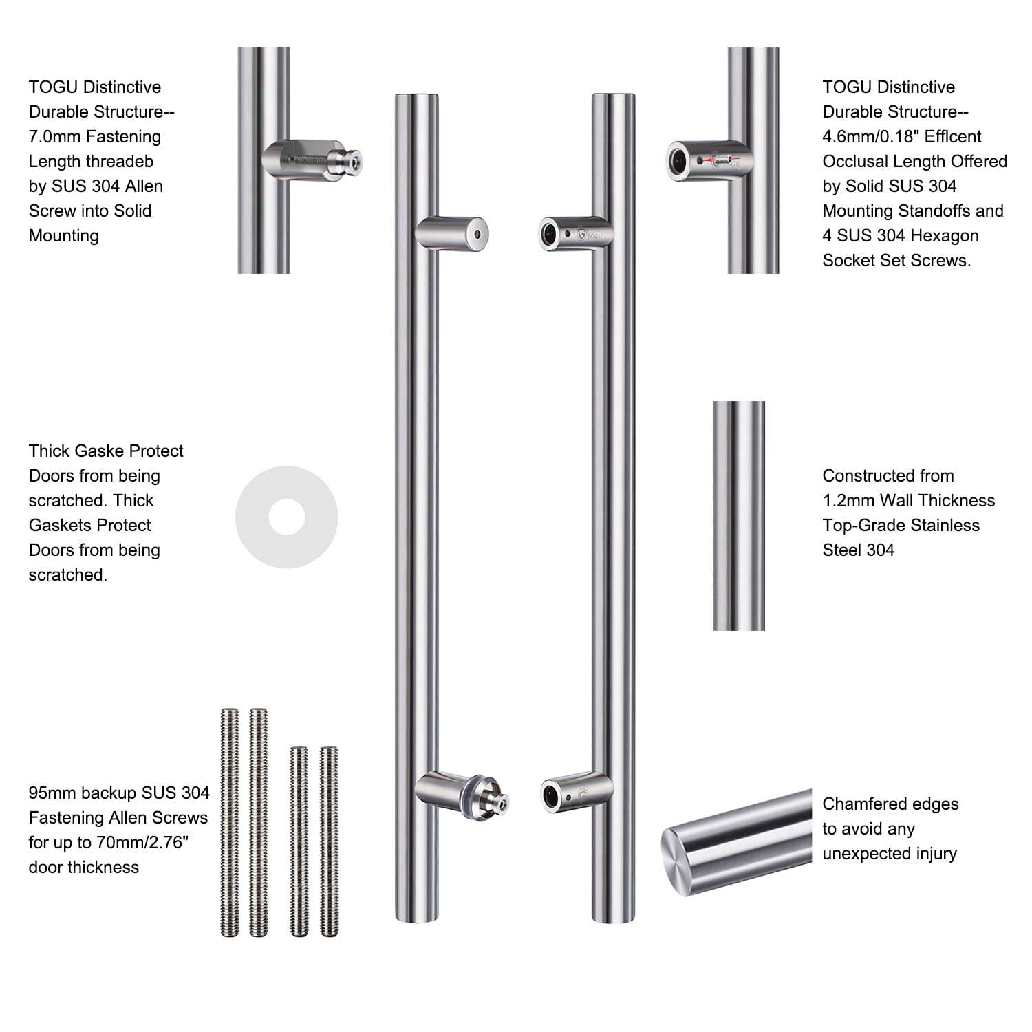 TOGU TG-6012 900mm/ 36 inch SUS 304 Stainless Steel Long Door Pull Handle with Solid mounting standoffs,Work as Push Pull Door Handles for Exterior Commercial Door/barn Door,Brushed Nickel Finish 3
