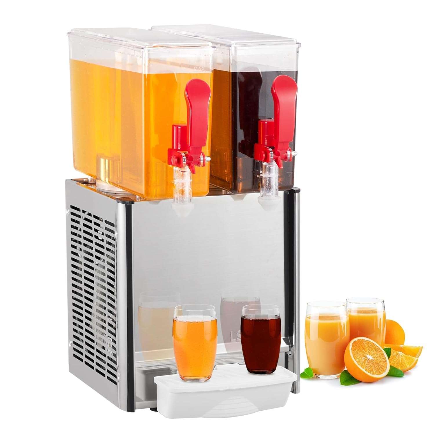 PioneerWorks Commercial Beverage Dispenser, 2 Tanks 5.28 Gallon 20L Commercial Juice Dispenser, 10 Liter Per Tank, 280W Stainless Steel Food Grade Ice Tea Drink Dispenser with Thermostat Controller 1
