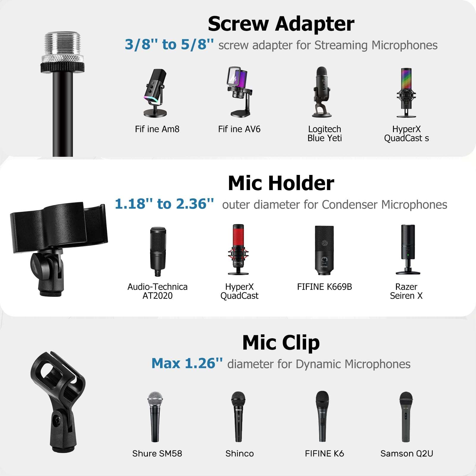 BILIONE Microphone Stand Floor, 22"-70" Height Adjustable Boom Mic Stand with Weighted Base, 2 Clips & 3/8'' to 5/8'' Adapter Compatible with Blue Yeti HyperX QuadCast Shure SM58 (Mic Stand Floor) 5