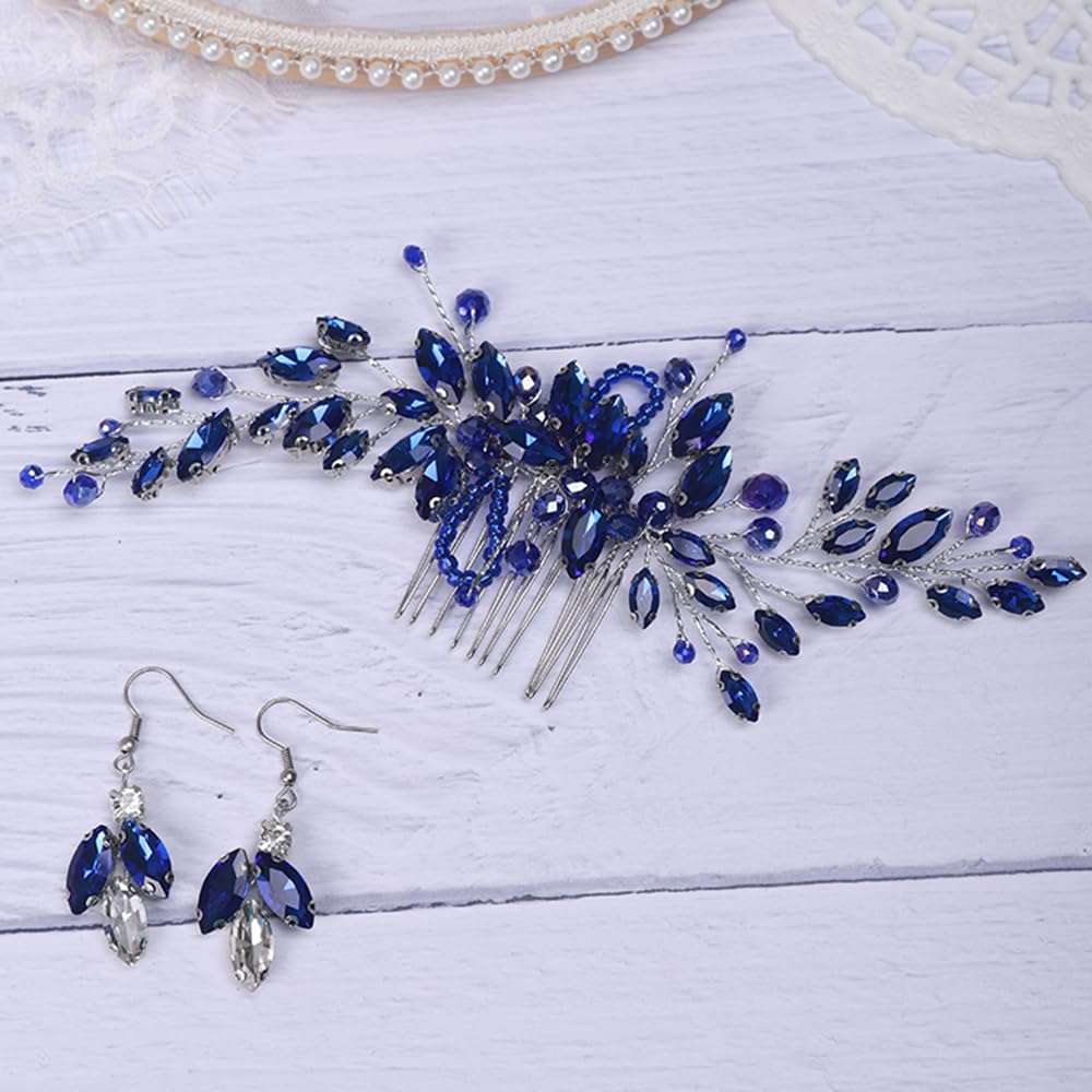 Rumtock Blue Hair Comb with Earrings for Women Girls Wedding Bridal Hair Piece Handmade Bnaquet Prom Jewelry 1