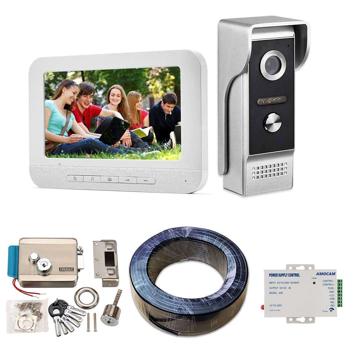 AMOCAM Video Intercom System + Electric Electronic Door Lock + K80 12V Power Supply Control + 150FT Wire/Cable