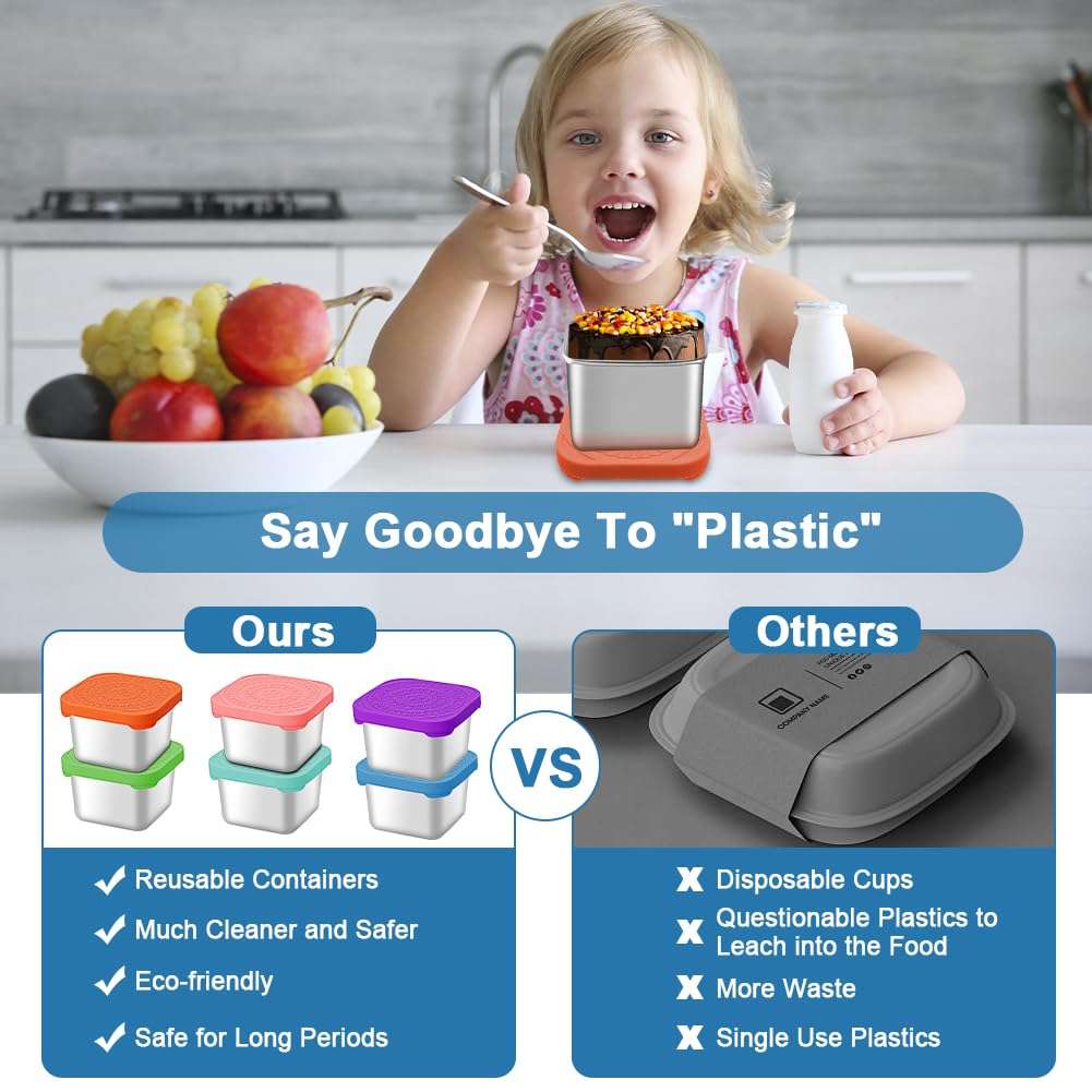 zxbaers Snack Containers with Silicone Lids,Set of 6 Stainless Steel Snack Boxes, Easy Open and Stackable，Leak Proof Food Containers for Daily Use，Office and Travel 4