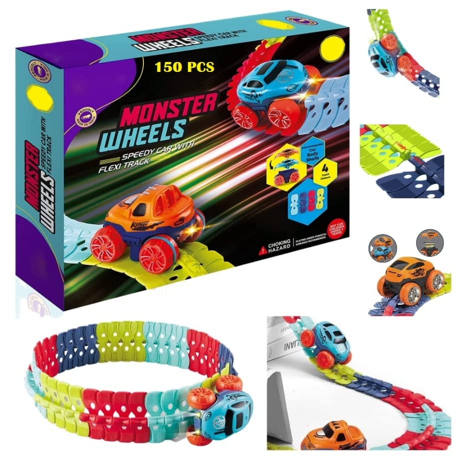 Bhabha Sales® Monster Wheels-150 Pcs Changeable Track Glow in The Dark with Led Train Toy - Electric Bendable DIY Race Assembled Car Truck Tracks Vehicle Playsets for 3 4 5 Year Boys, Girls & Kids