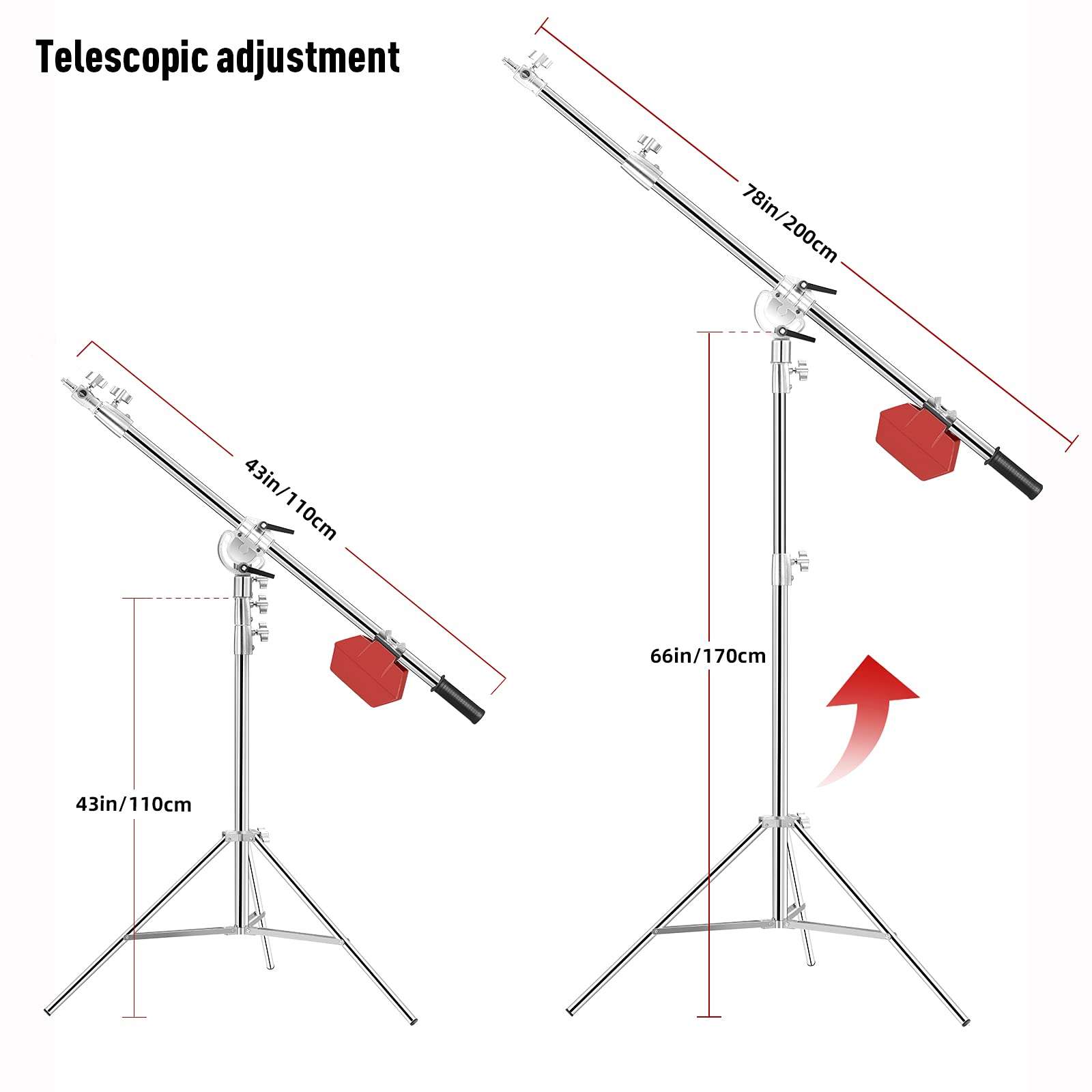 Soonpho Stainless Steel Light Stand with Boom Arm & Hammer, Max.12.2ft/3.7m Heavy Duty Adjustable Tripod with 6.6ft/200cm Boom Arm for Studio Photography Softbox,Reflector,Monolight,Light,Umbrellas 3