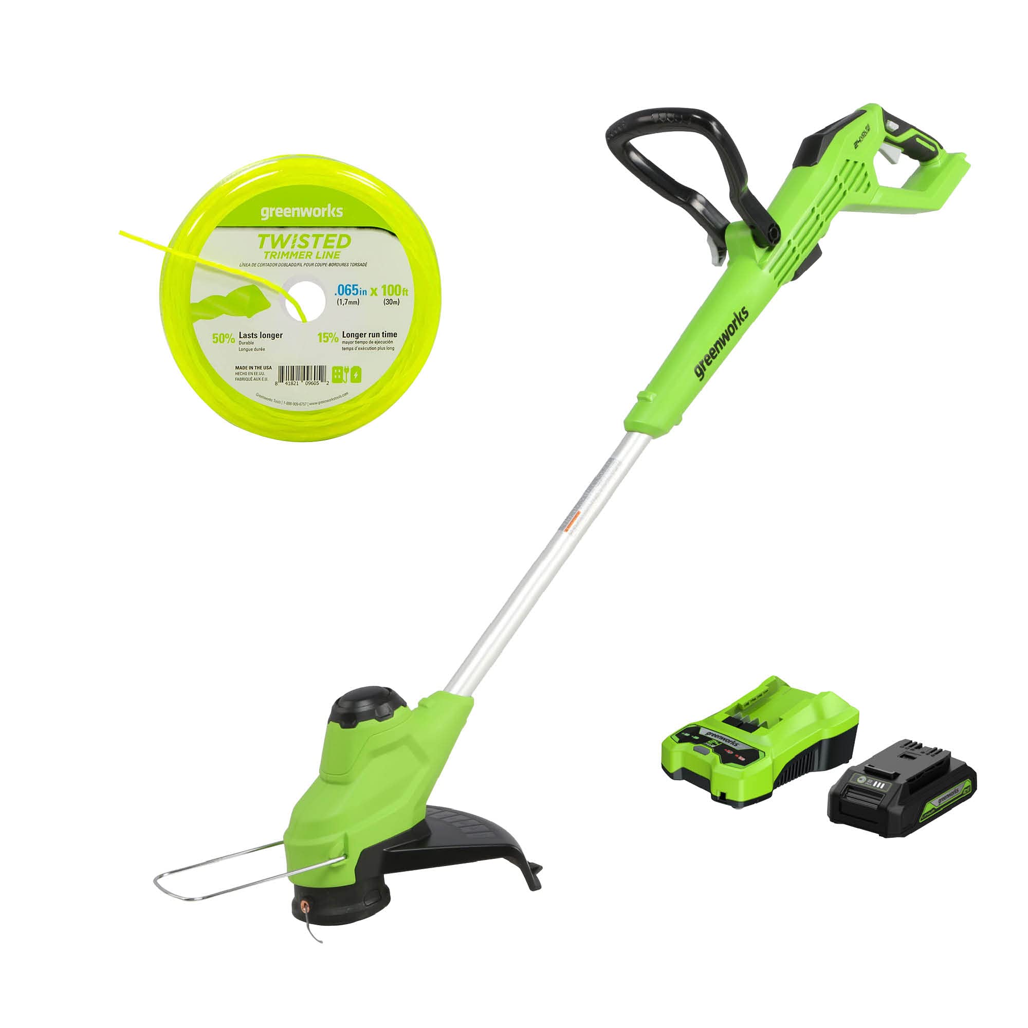 Greenworks 24V 12” TORQDRIVE String Trimmer, 0.065" Trimmer Line, 2Ah USB Battery and Charger
