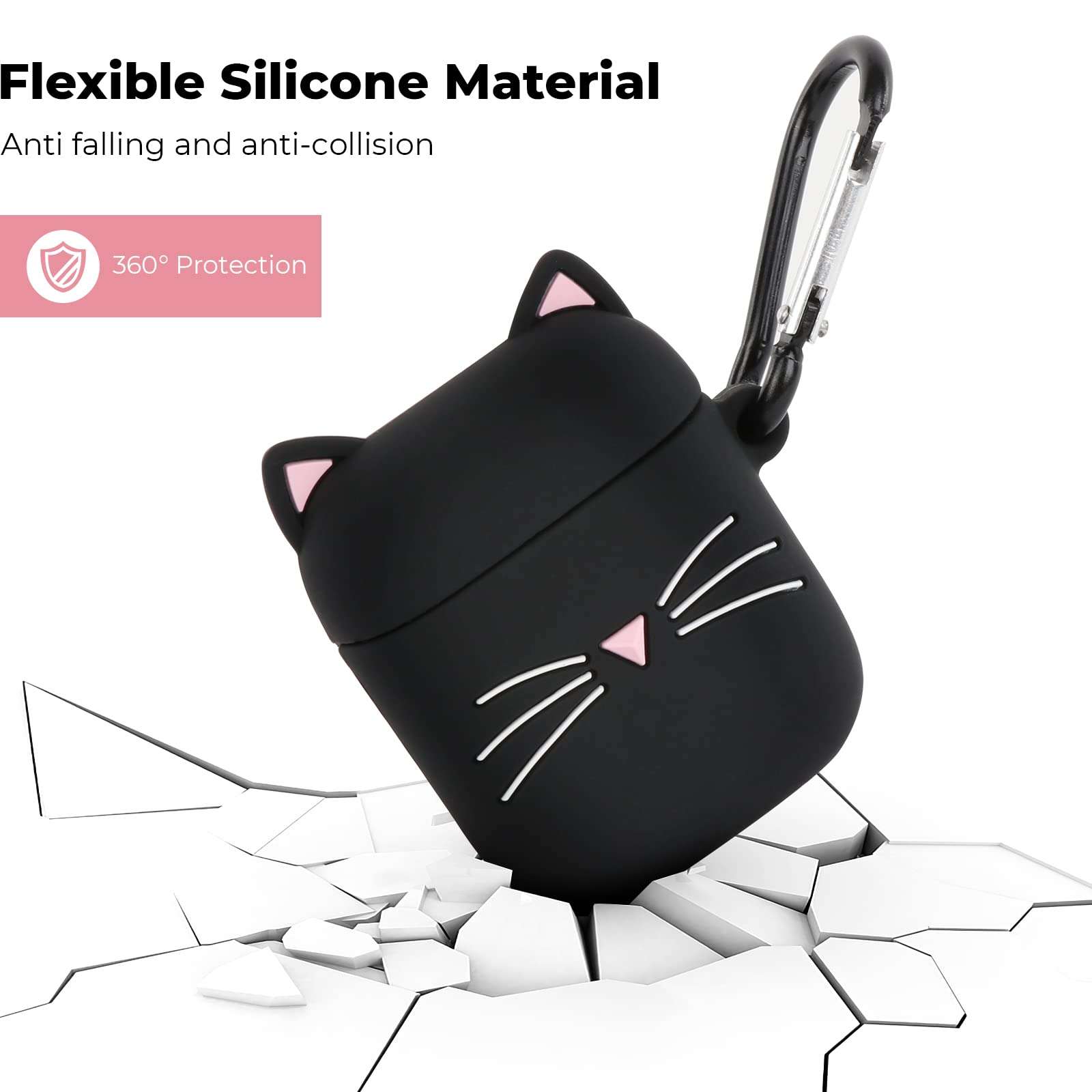 Megantree Cute Airpods Case, Airpods 2 Case, Black Whisker Cat Kitty Funny Kawaii 3D Cartoon Animals Full Protection Shockproof Soft Silicone Charging Case Cover with Keychain for Girl Women Kids 4