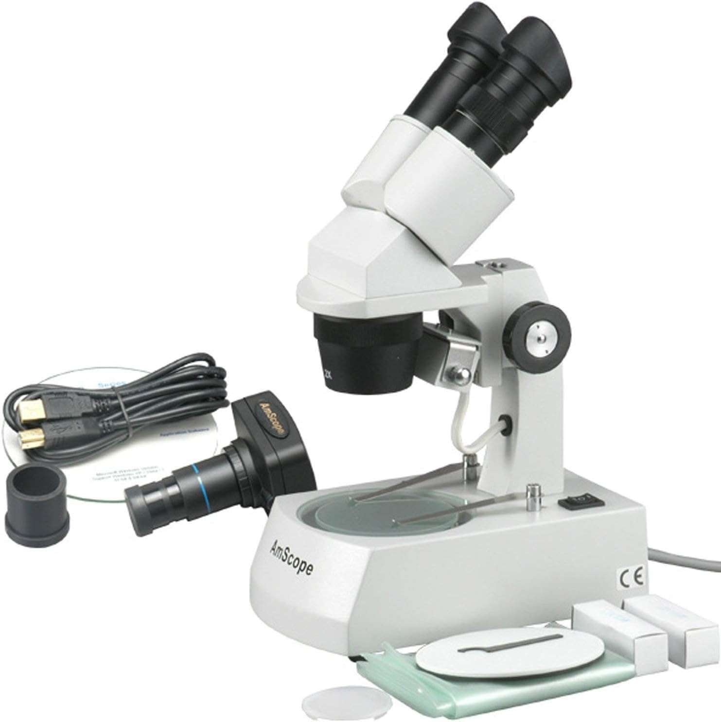 AmScope SE305-AZ-M Digital Binocular Stereo Microscope, WF10x and WF20x Eyepieces, 10X/20X/30X/60X Magnification, 1X and 3X Objectives, Upper and Lower Halogen Lighting, Reversible Black/White Stage Plate, Arm Stand, 120V, Includes 1.3MP Camera with Reduction Lens and Software 1
