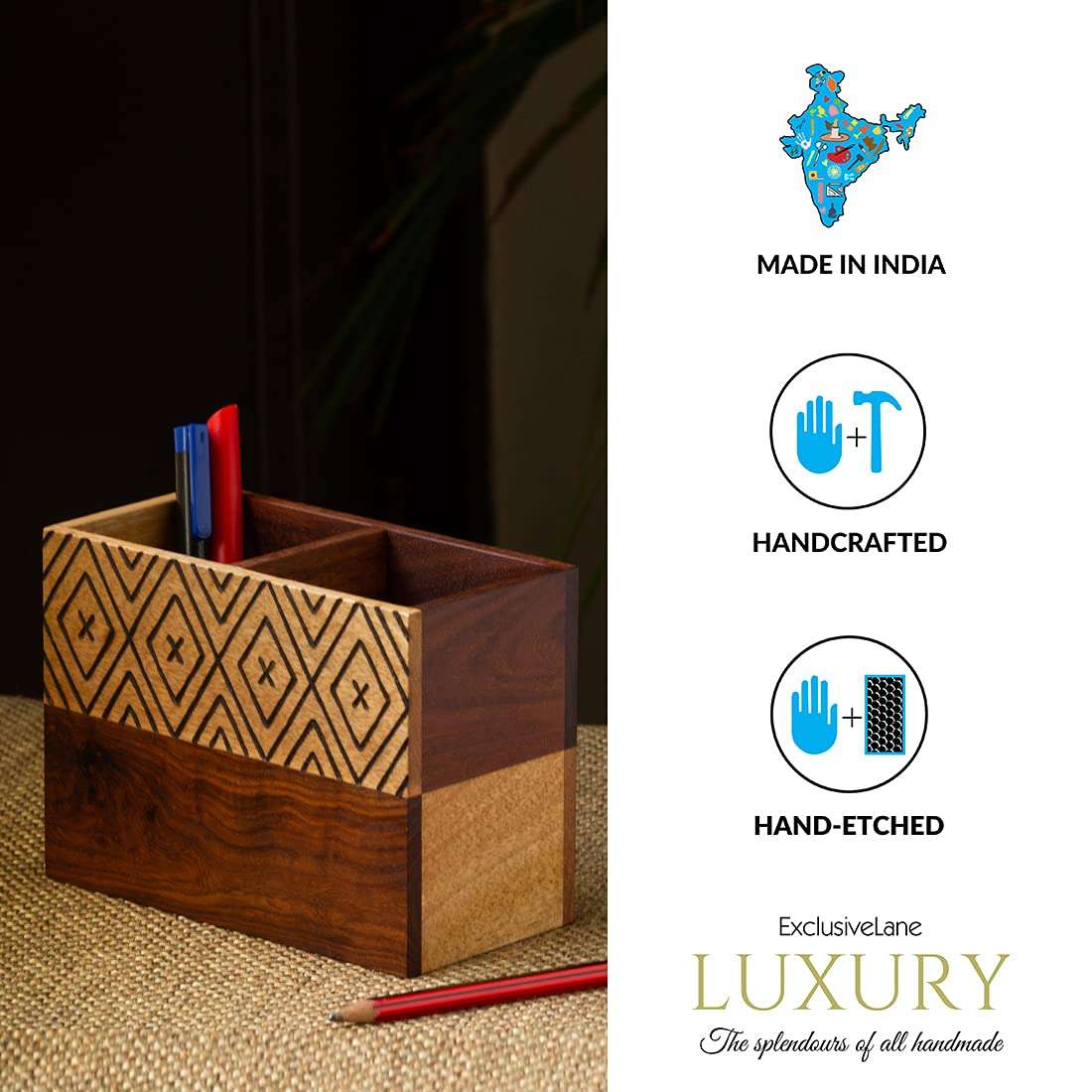 ExclusiveLane 'Chevron Chronicles' Handcrafted Table Organiser For Office Desk Organizer & Pen Stand For Study Table In Mango & Sheesham Wood 6