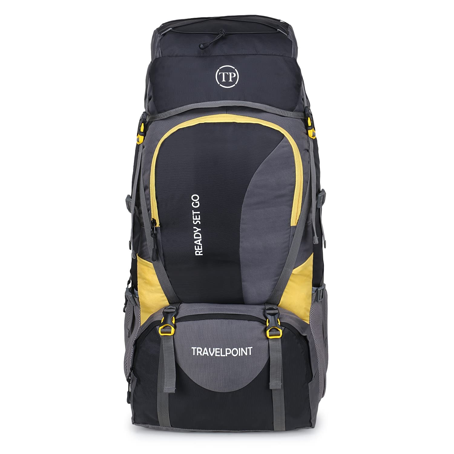 TRAVEL POINT 60L Waterproof Travel Backpack for Outdoor Sport Camp Hiking Trekking Bag Camping Rucksack with Shoe Compartment Tourist Mountain Climbing Bag for Men and Women with rain cover (CURVE-BLACK) 1 Year Warranty