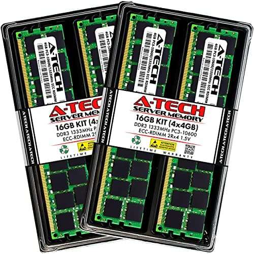 A-Tech 16GB Kit (4x4GB) RAM for Apple Mac Pro Early 2009, Mid 2010, Mid 2012 (4-Core, 6-Core, 8-Core, 12-Core) | DDR3 1333MHz PC3-10600R ECC RDIMM 2Rx4 1.5V 240-Pin Registered DIMM Memory Upgrade 1