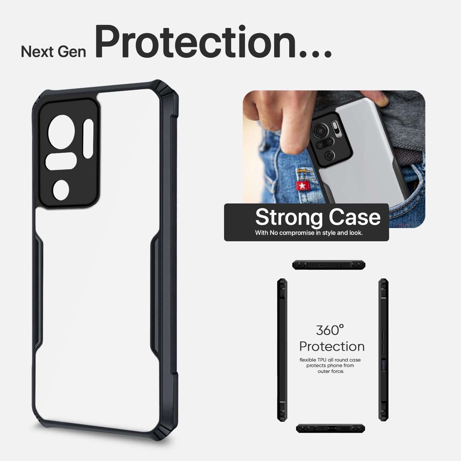 Amazon Basics Back Cover for Xiaomi Redmi Note 10S/ Redmi Note 10 | Crystal Clear Transparent Back | Ultra Hyrbid | Full Camera Protection | Raised Edge | Bumper Cover (Black) 6