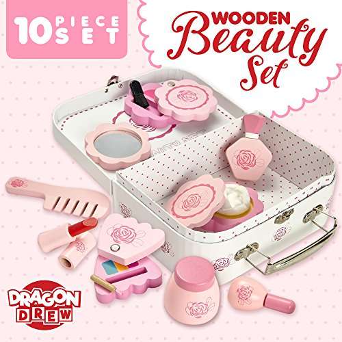 Dragon Drew Wooden Toy Beauty Set – 10 Piece Kit - Girls Salon Set with Makeup, Brush, Mirror and Cosmetics Case - 100% Natural Wood, Nontoxic Paint, Smooth Edges 3