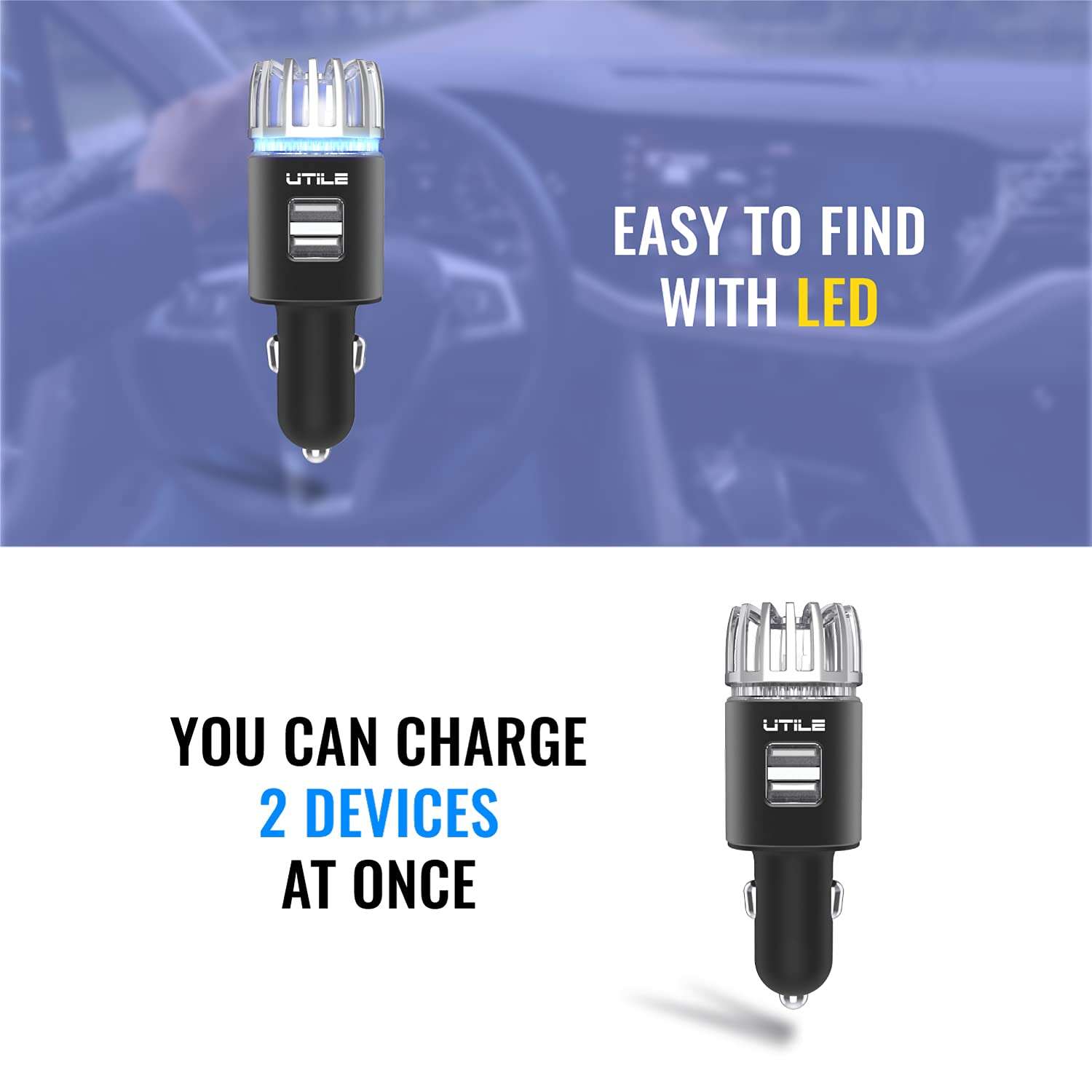 UTILE Car Ionizer Odor Eliminator Purifier with Dual USB Charger – Ionic Air Freshener| 2.1A/0.8W USB Charging for Phone, Tablet and Other Devices (Black, Pack of 1) 5
