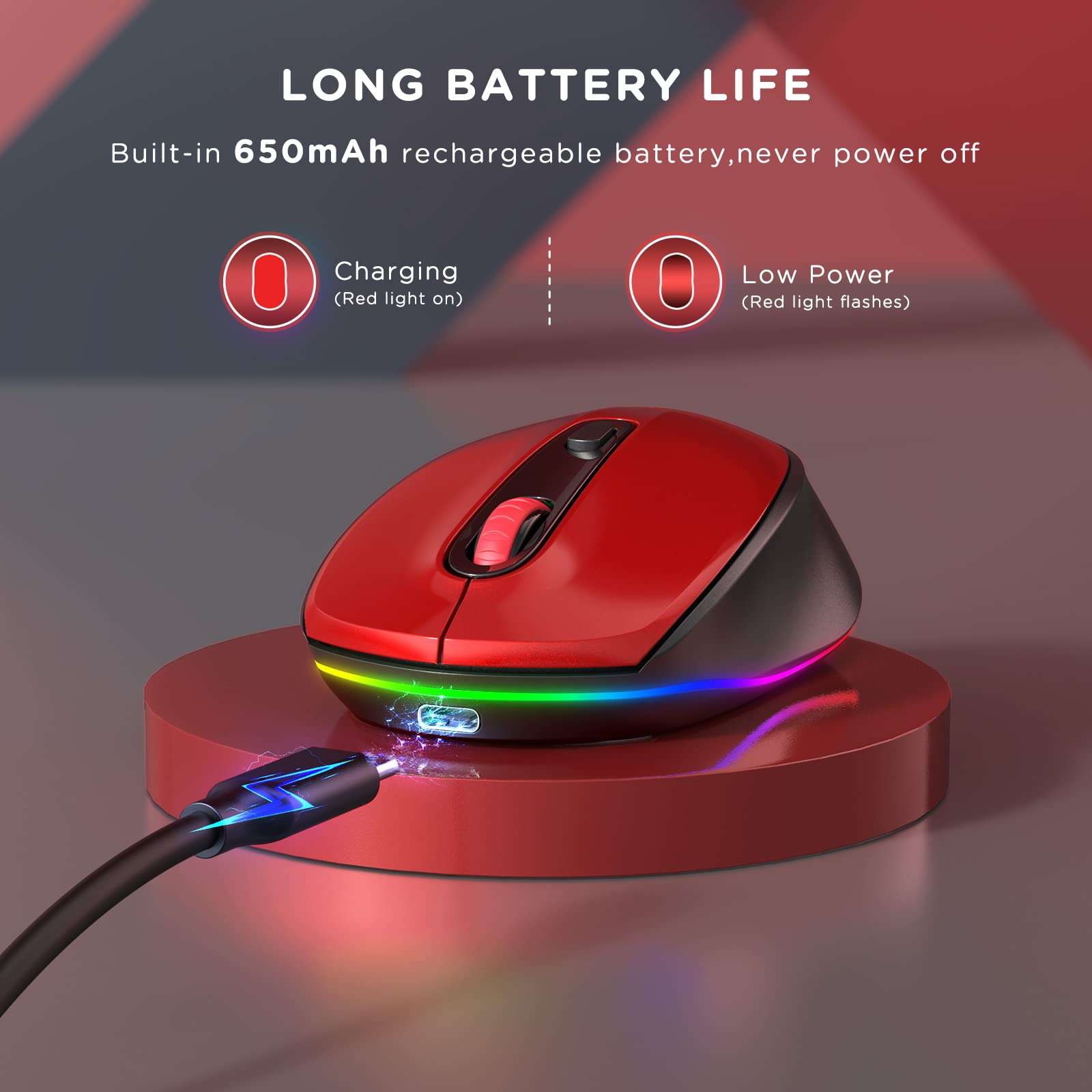 seenda Wireless Mouse, Rechargeable Light Up Mouse for Laptop, Small Cordless Mice with Quiet Click LED Rainbow Lights for PC Laptop Kids Chromebook Windows Mac,Black& Red 5