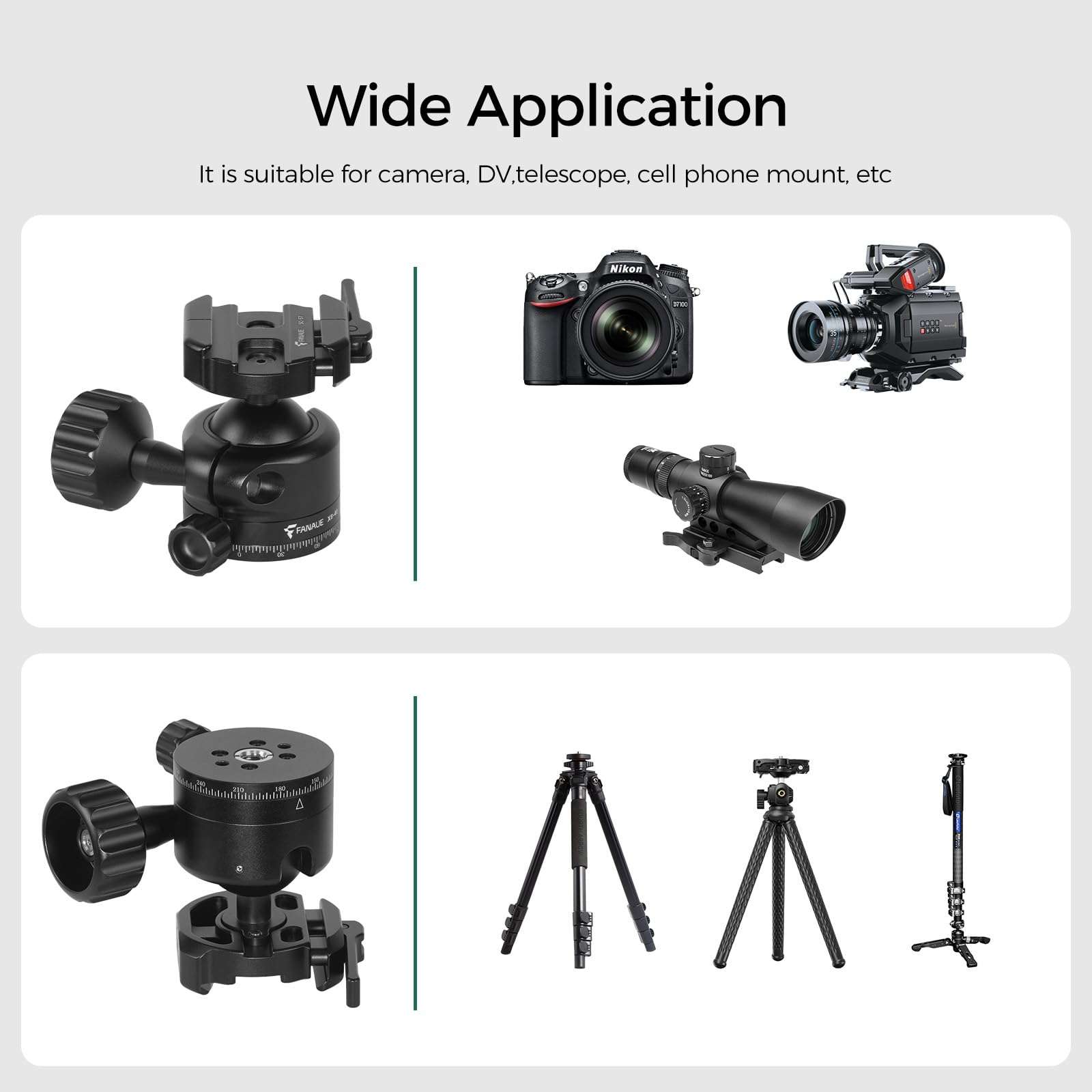 FANAUE XB-40T Tripod Ball Head Mount Compatible with Arca Swiss Quick Release Plate 3/8" Thread Mount 360 Panorama Rotation for Tripod Monopod DSLR Camera Camcorder Telescope 5