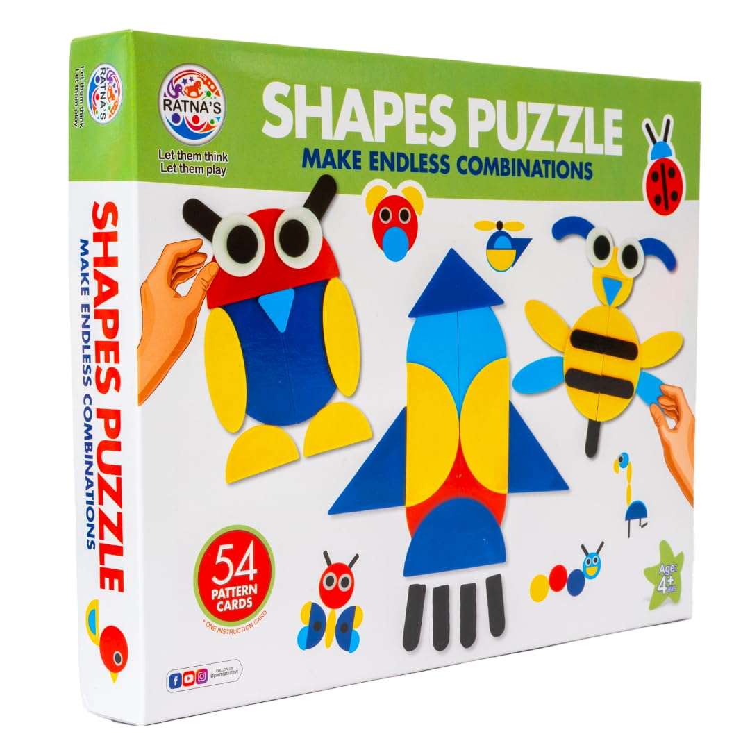 Ratna's Shapes Puzzle Educational Toy, 54 Pattern Challenge Cards, Creative Building Game for Kids 4+ Years 6