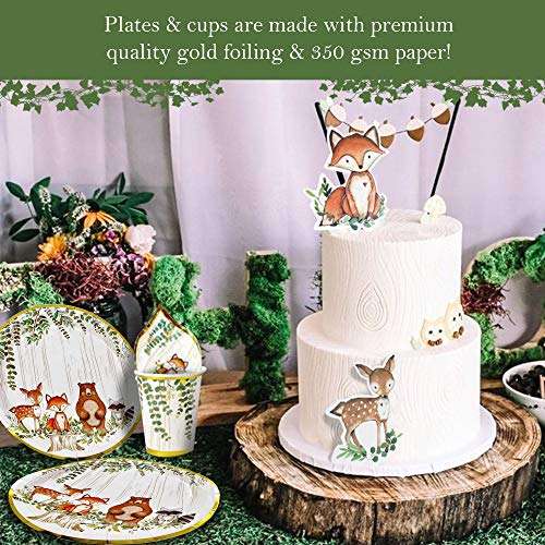 YARA 96 Piece Woodland Animals Baby Shower & Birthday Party Supplies For Boy & Girl Decorations with disposable paper plates napkins and cups of Forest Creatures Fox Theme Tableware Set Serves 24 4