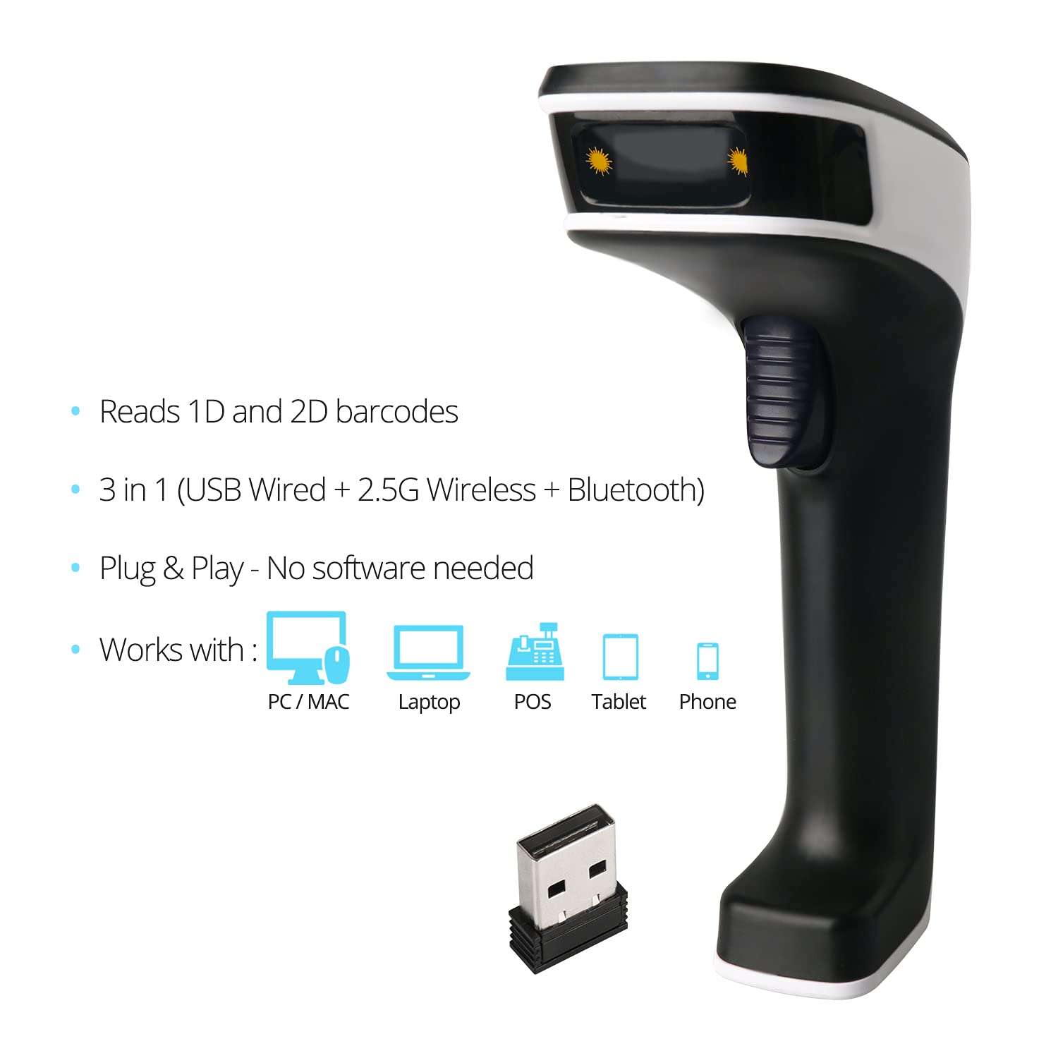 ScanAvenger Portable Wireless Bluetooth Barcode Scanner: 3-in-1 Hand Scanners - Cordless, Rechargeable 1D and 2D Scan Gun for Inventory Management - Wireless, Handheld, USB Bar Code/QR Code Reader 5