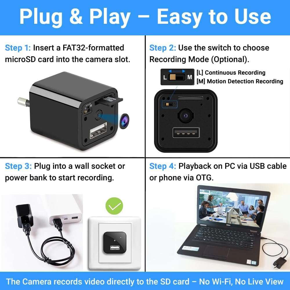 Waitbird USB Charger Mini Hidden Camera 1080p Full HD Plug & Play Spy Cam | Secret Camera for Home Hidden & Office Use | Mini Spy Camera Works While Charging | Supports 256GB – Security Surveillance 4