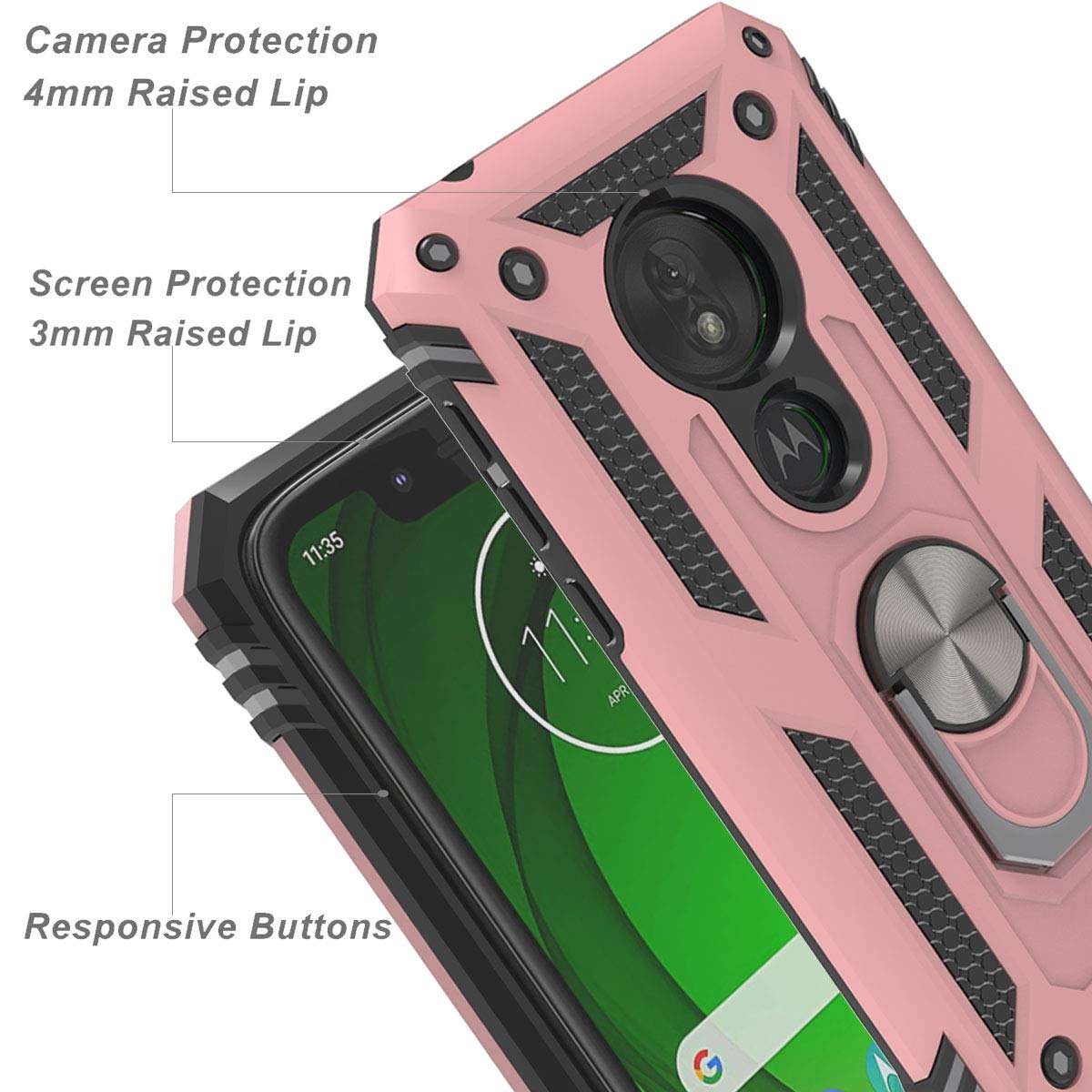 Moto G7 Play Case with HD Screen Protector (2Pack) KaiMai 360 Degree Rotating Ring & Bracket Dual Layers of Shockproof TPU and Solid PC Phone Case for Motorola Moto G7 Play-Rose Gold 5