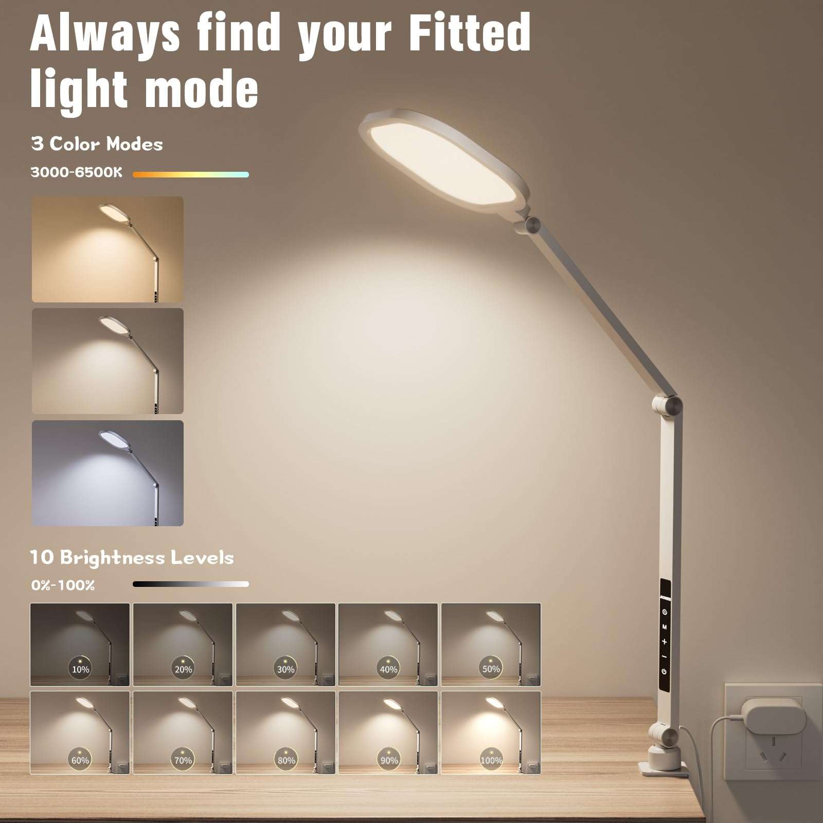 LitONES LED Desk Lamp for Home Office, 15W Desk Light with C- Clamp, Swing Arm, Memory & Timer Function, 1200LM Dimmable Computer Light for Video Calls, Conference, Study (White-Clamp) 5