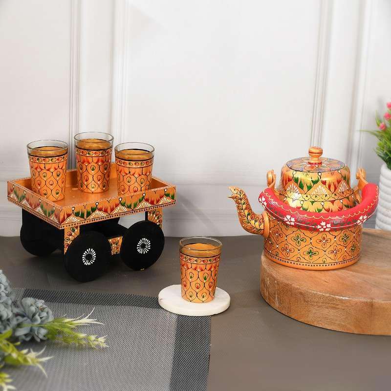Asmita Craft HandPainted Alluminium Tea Kettle with Four Glasses and Wooden Tray For Home Dcor Tea Party Serving -02 1
