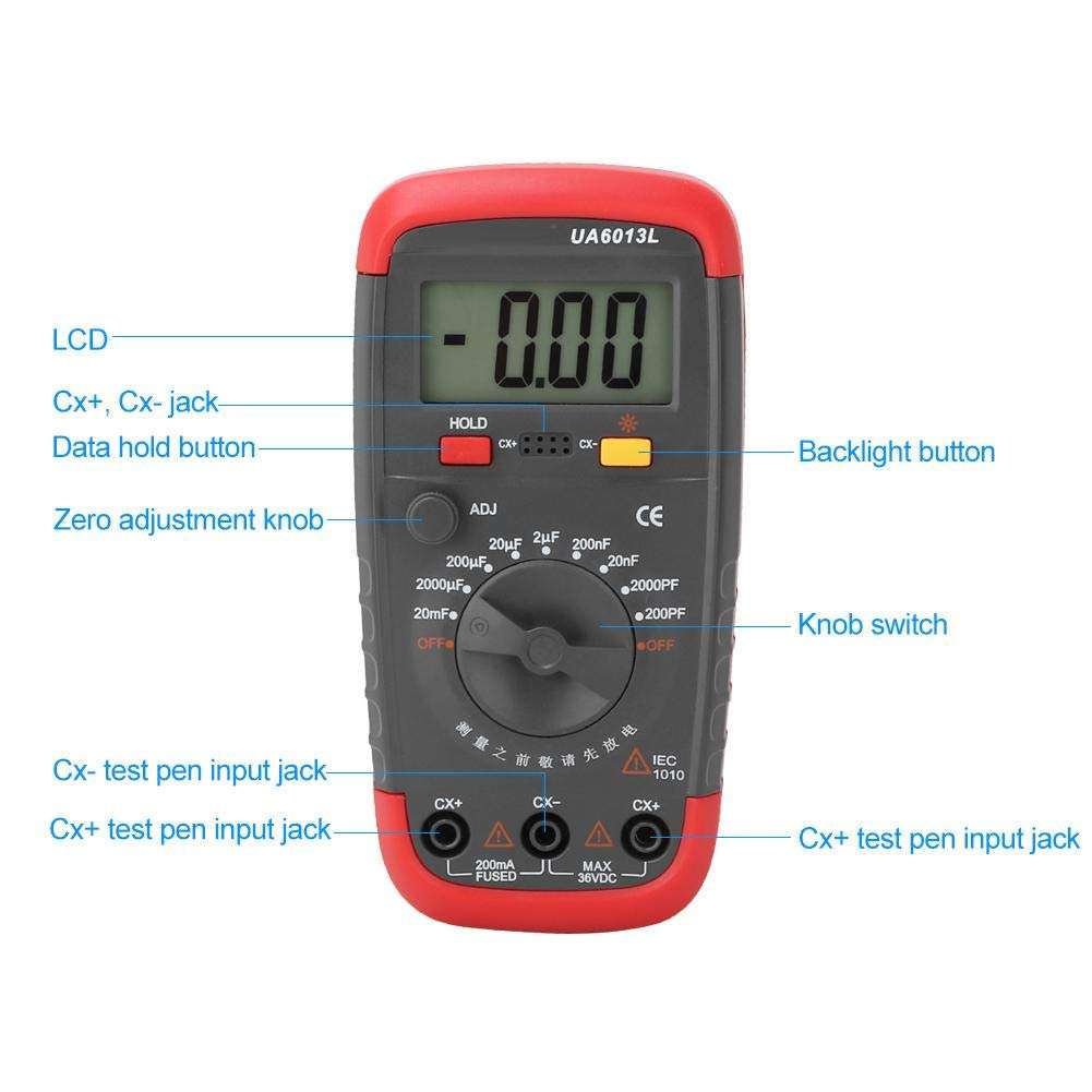 Akozon Multimeter Digital Capacitance Meter Capacitor Tester 0.1pF to 20000uF UA6013L Professional Handheld LCD Digital Capacitance Meter Capacitor Meter Tester 4