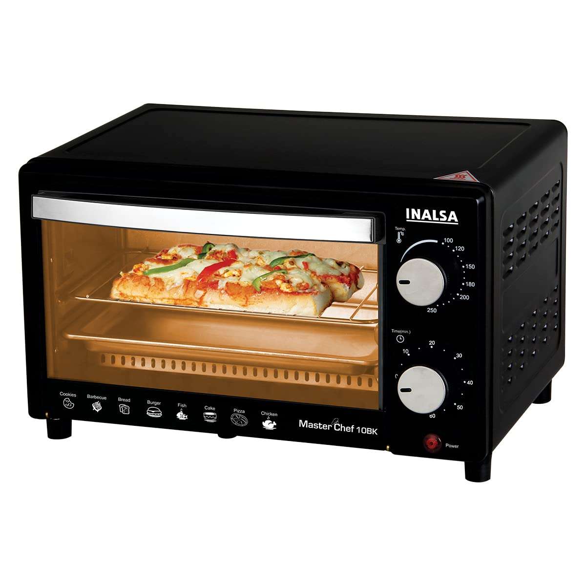 Inalsa Oven MasterChef 10BK OTG (10Liters) with Temperature Selection 800 W, Powder Coated Finish, Includes Baking Pan, SS Grill Tray, Hand Glove (Black, Silver) 800 watts 1