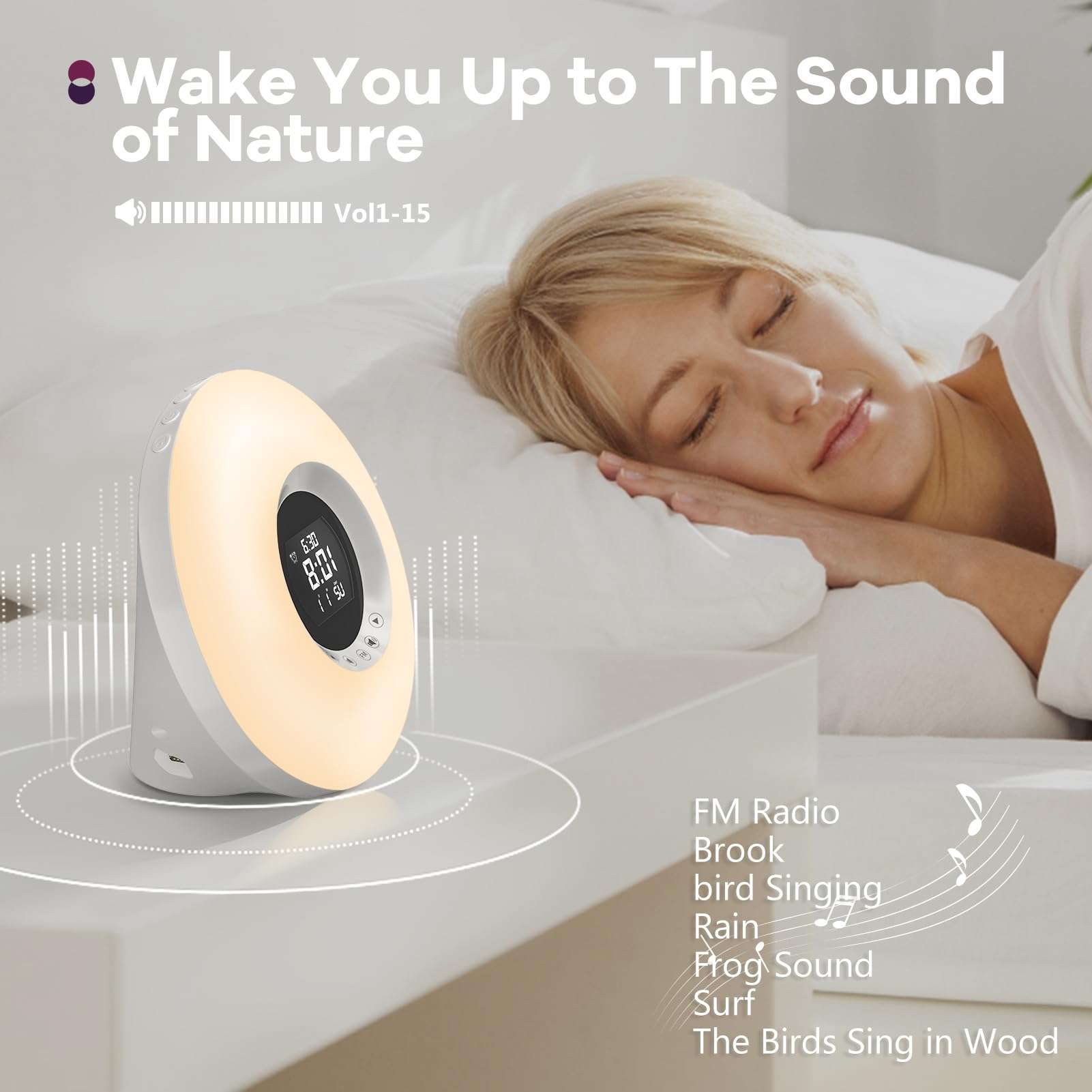 HEYAXA Sunrise Alarm Clock with Wake Up Light for Kids, Adults, Heavy Sleepers, Sleep Aid with Sunrise Simulation，8 Colors Night Light & 6 Natural Sounds for Bedrooms FM Radio, Gift Ideas 5