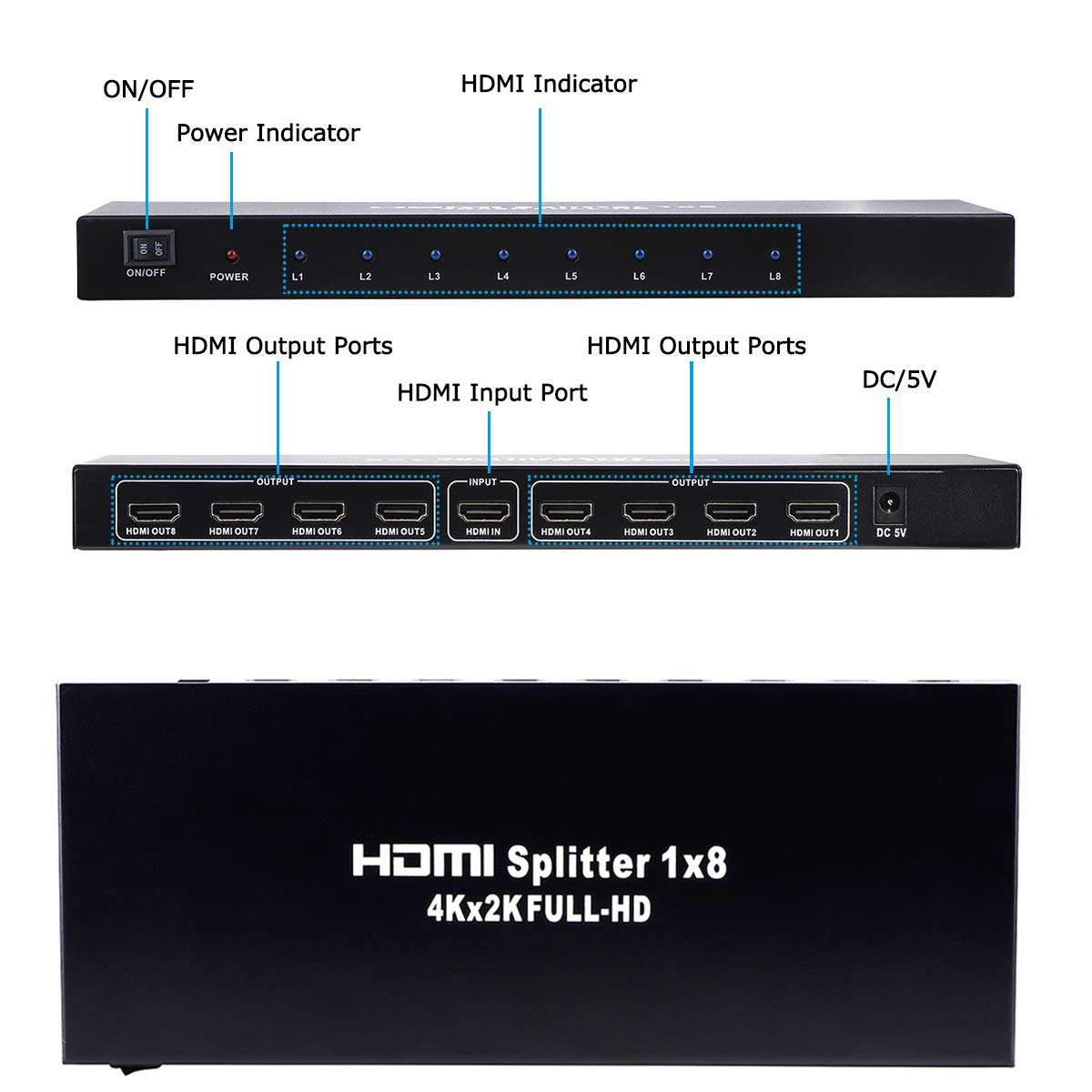 1x8 HDMI Splitter, 1 in 8 Out HDMI Splitter Audio Video Distributor Box Support Full HD 3D & 4K x 2K Compatible for Projector, HDTV, STB, DVD, PS3 Etc 2