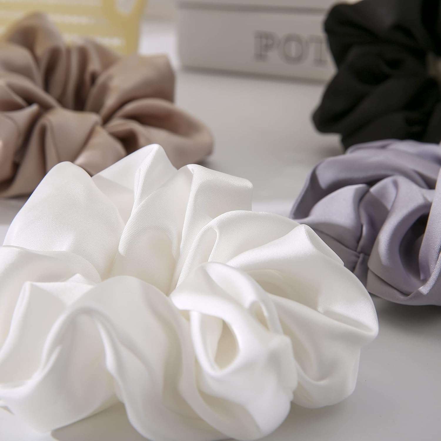 Cerrito Satin Hair Scrunchies for Women & Girls – Soft, No-Crease, Gentle Hair Ties for Thick, Curly, Straight, or Fine Hair – Smooth Silk-Feel Elastic Scrunchy Set for Styling, Sleep Regular Wear (Black & White-6 Pcs) 5