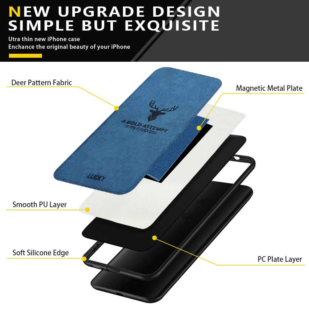 Magnetic Case for iPhone 11 2019,Built-in Metal Plate,Support Magnetic Car Mount,3D Deer Pattern Shockproof Anti-Scratch Soft TPU Edge Fabric Back 360 Protective Cover Case for iPhone 11 6.1'' Blue 3