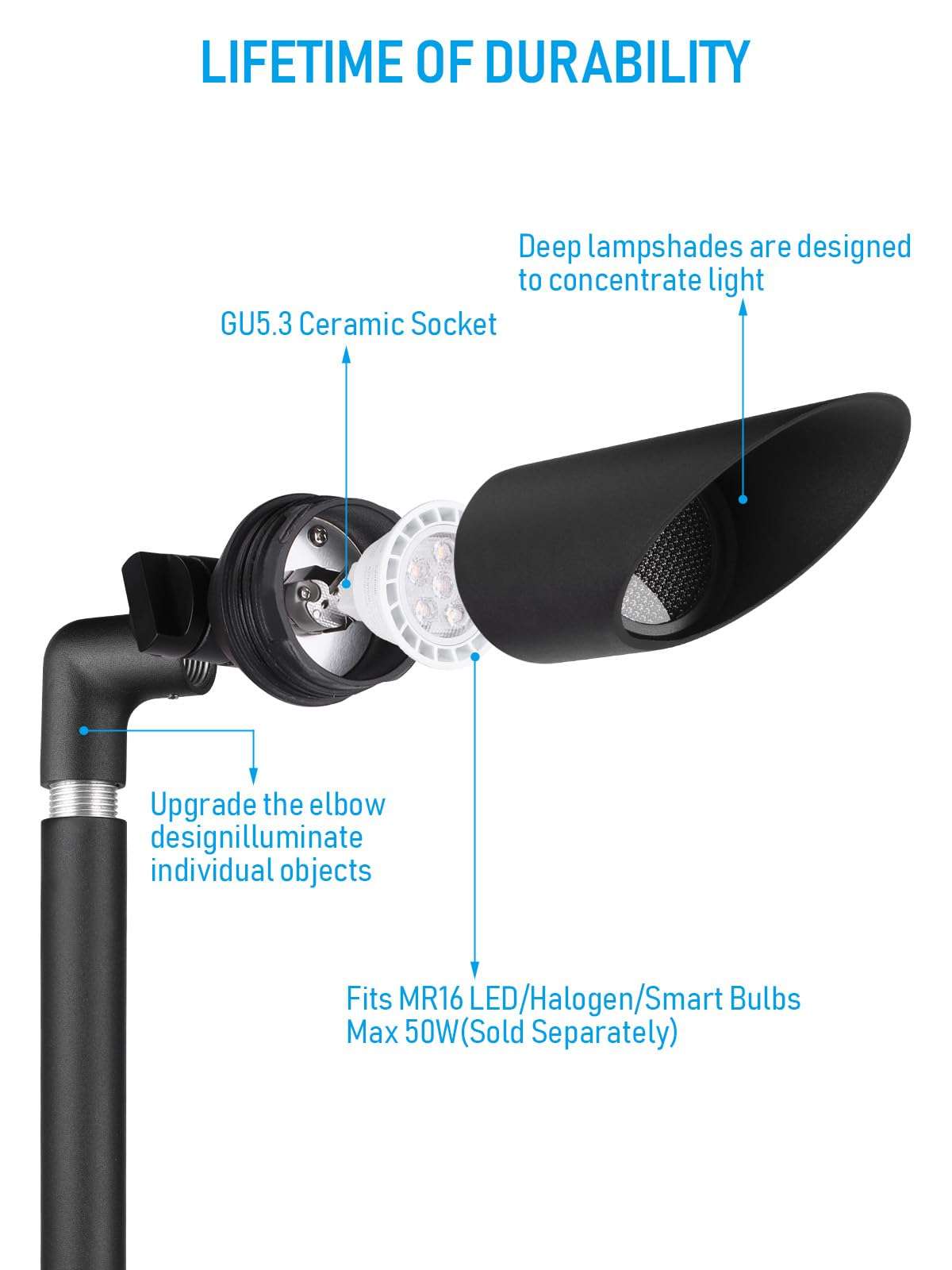 LEONLITE 23.6 Inch 12V AC/DC Low Voltage Landscape Spotlight, LED Outdoor Spot Lights with 7W 3000K MR16 Bulbs, Max 50W GU5.3 Base, Die-Cast Aluminum Uplighting for Garden Tree Yard, Black, Pack of 4 6