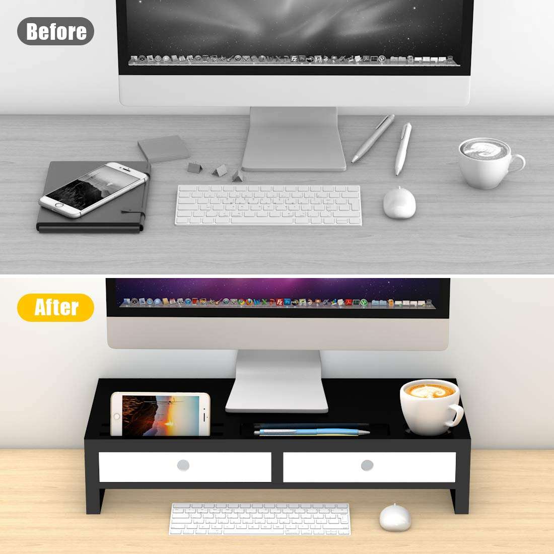 Bambloom Monitor Stand Riser with Drawer - Desk Shelf Organizer Keyboard Storage Black 22" x 10.6" x 4.7" 6