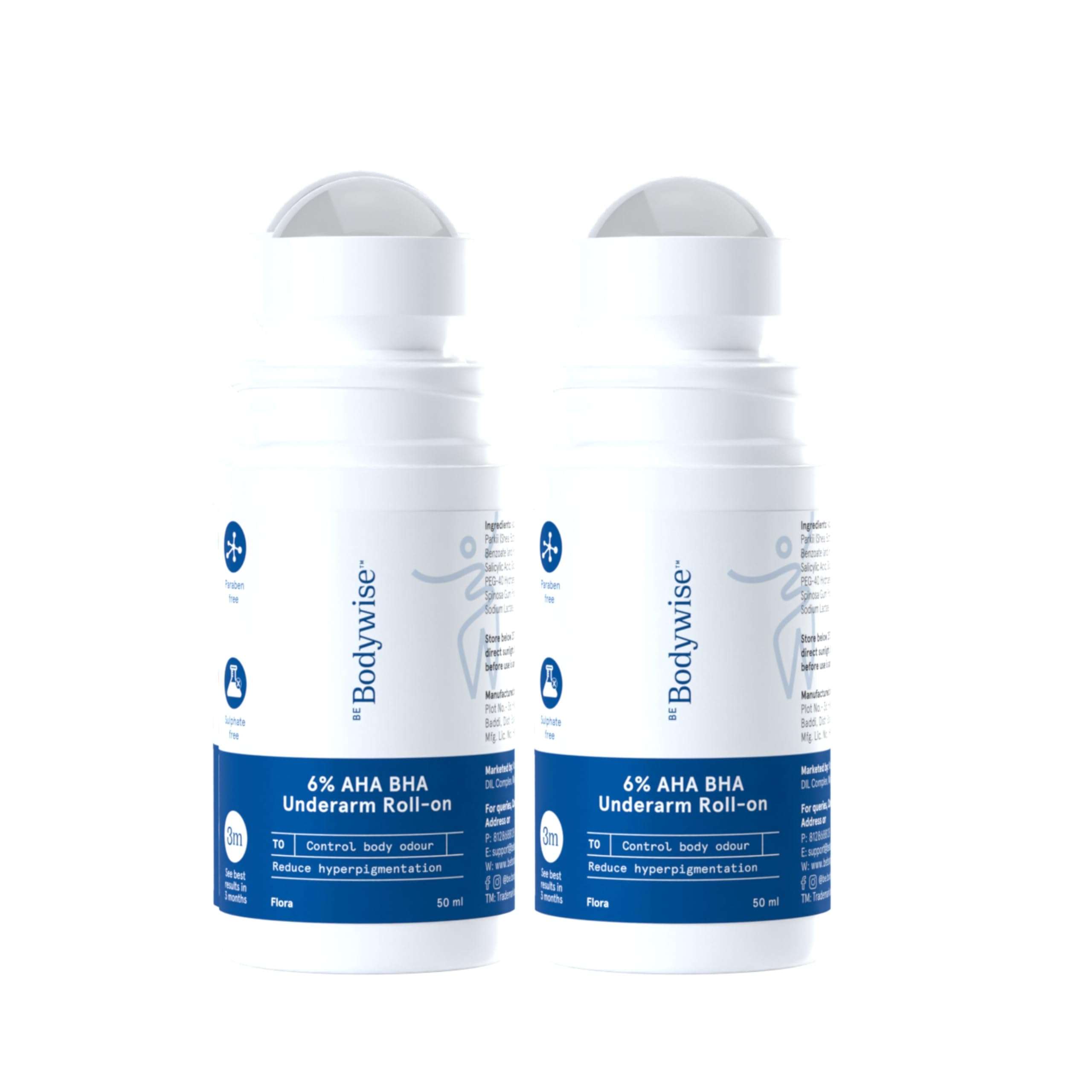 Be Bodywise 6% AHA BHA Underarm Roll-on Deodorant, Flora Fragrance,1% Mandelic,4% Lactic,1% Salicylic & Kojic Acid, Reduces Body Odor & Pigmentation for Even tone Skin, Alcohol & Aluminum Free, 100ml 1