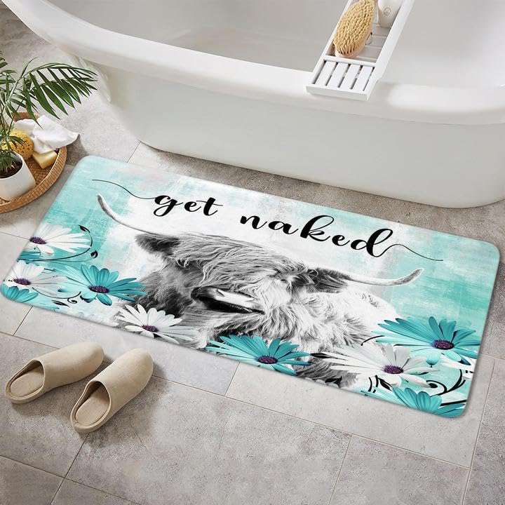 Bcsewcg Get Naked Bath Mat for Bathroom, Farmhouse Highland Cow Non-Slip Bathroom Rug,Teal Floral Western Cow Bath Mat,Bathroom Accessories 3