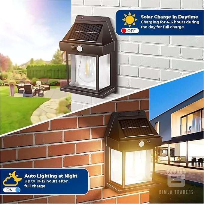 Btag Sun-Powered Wall Light Outdoor with Motion Sensor – Waterproof Exterior LED Sconce Lamp, Auto Charging Security Light for Porch, Patio, Garden, Pathway & Yard Lighting. PO2 (SL002_Warm Yellow) 5