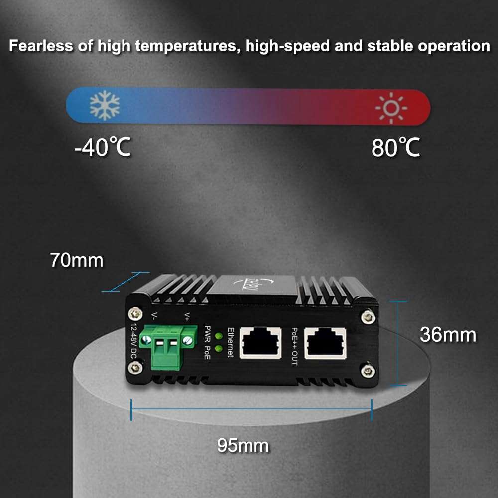 Industrial 95W Gigabit PoE++ Injector (IEEE 802.3bt/at) - 12-48VDC Hardened Adapter, DIN/Wall Mount for IP Cameras, Wireless APs, Security Systems & IoT Devices, 10/100/1000Mbps Auto-Sensing 3