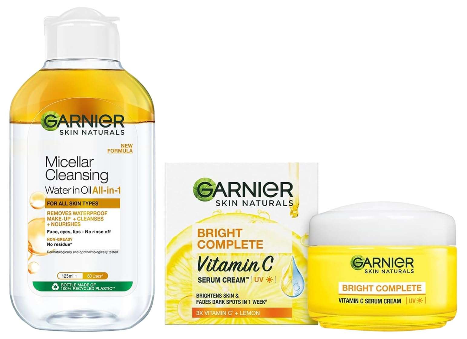 Garnier Skin Naturals, Cleansing Water for Waterproof Makeup, Micellar Oil-Infused Cleansing Water, 125ml & Garnier Skin Naturals, Day Cream, Brightening and with Sun Protection, Bright Complete, 45g 1