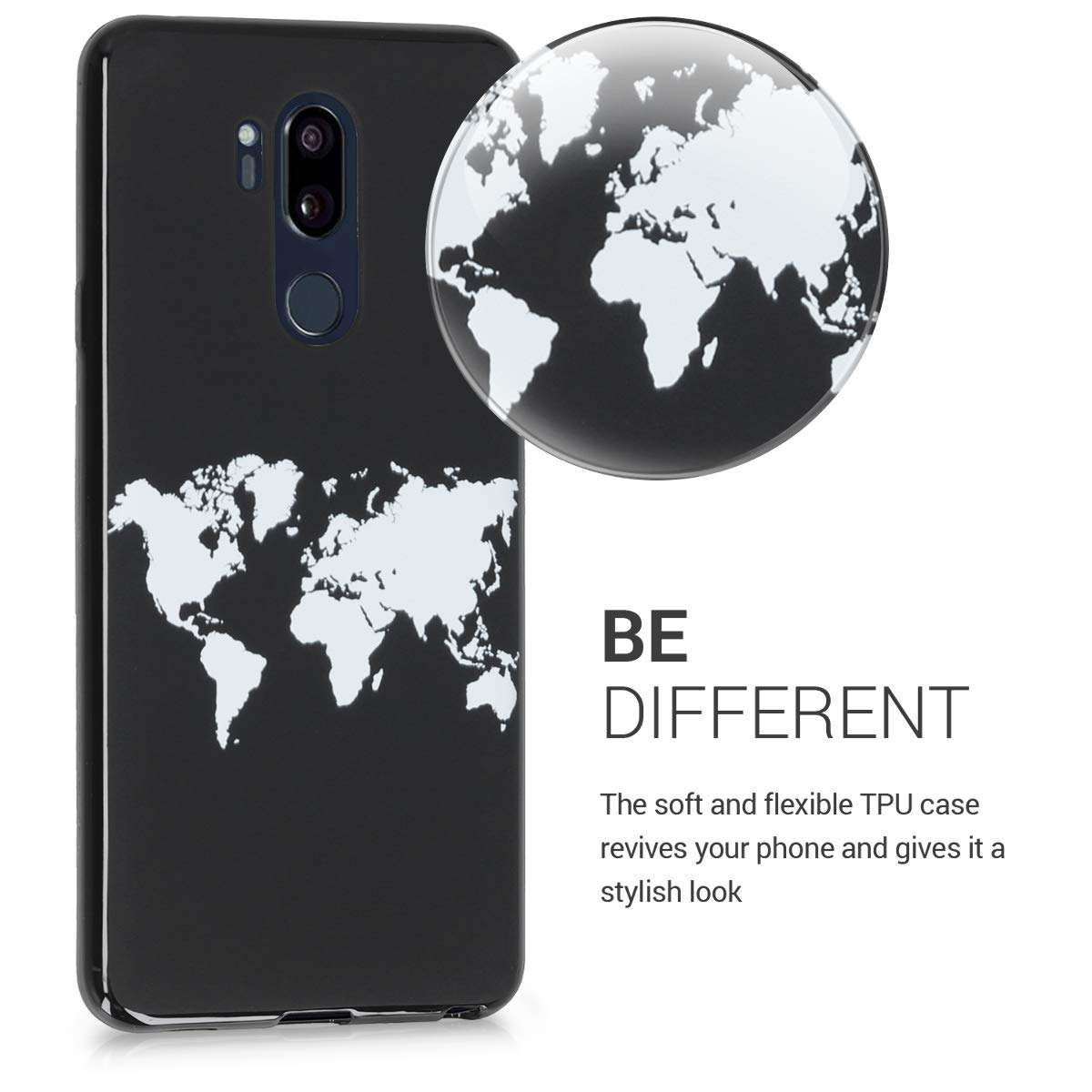kwmobile TPU Silicone Case Compatible with LG G7 ThinQ/Fit/One - Case Soft Cover - Travel Outline White/Black 3