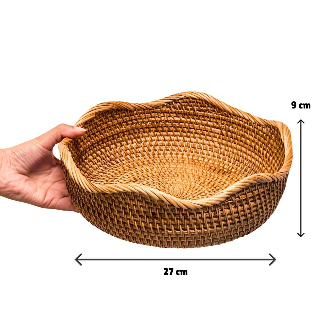EDAMAME Hand‑Woven Rattan Bread & Fruit Basket – Medium Wicker Serving Tray for Tabletop Decor | Boho Kitchen Storage Bowl (Brown) 5