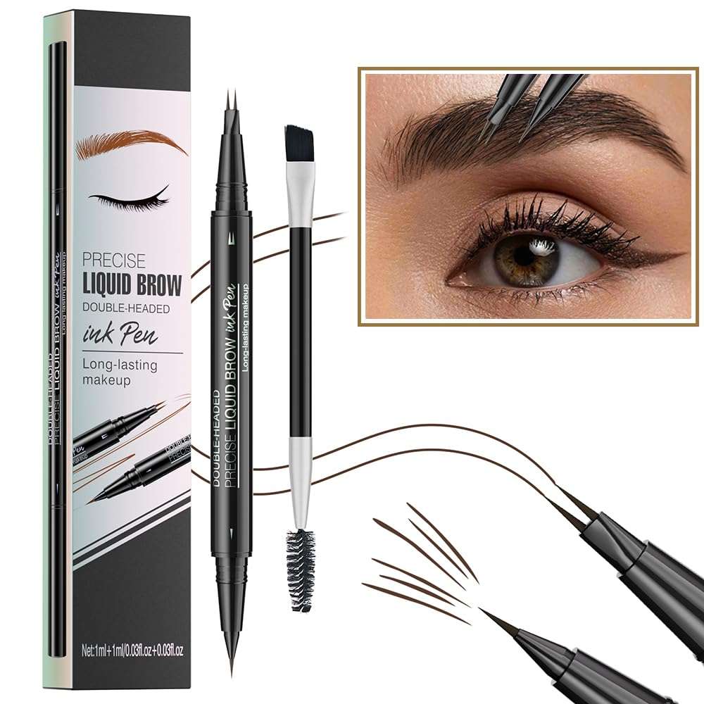 Pinkiou Microblading Eyebrow Pen, 2-In-1 Waterproof Eyebrow Pen, Dual-Ended Eyebrow Pen with 2-Fork-Tips and Precision Brush, Eyebrow Pen for Natural Hair-Like Brows, Long Lasting, Black Brown 2