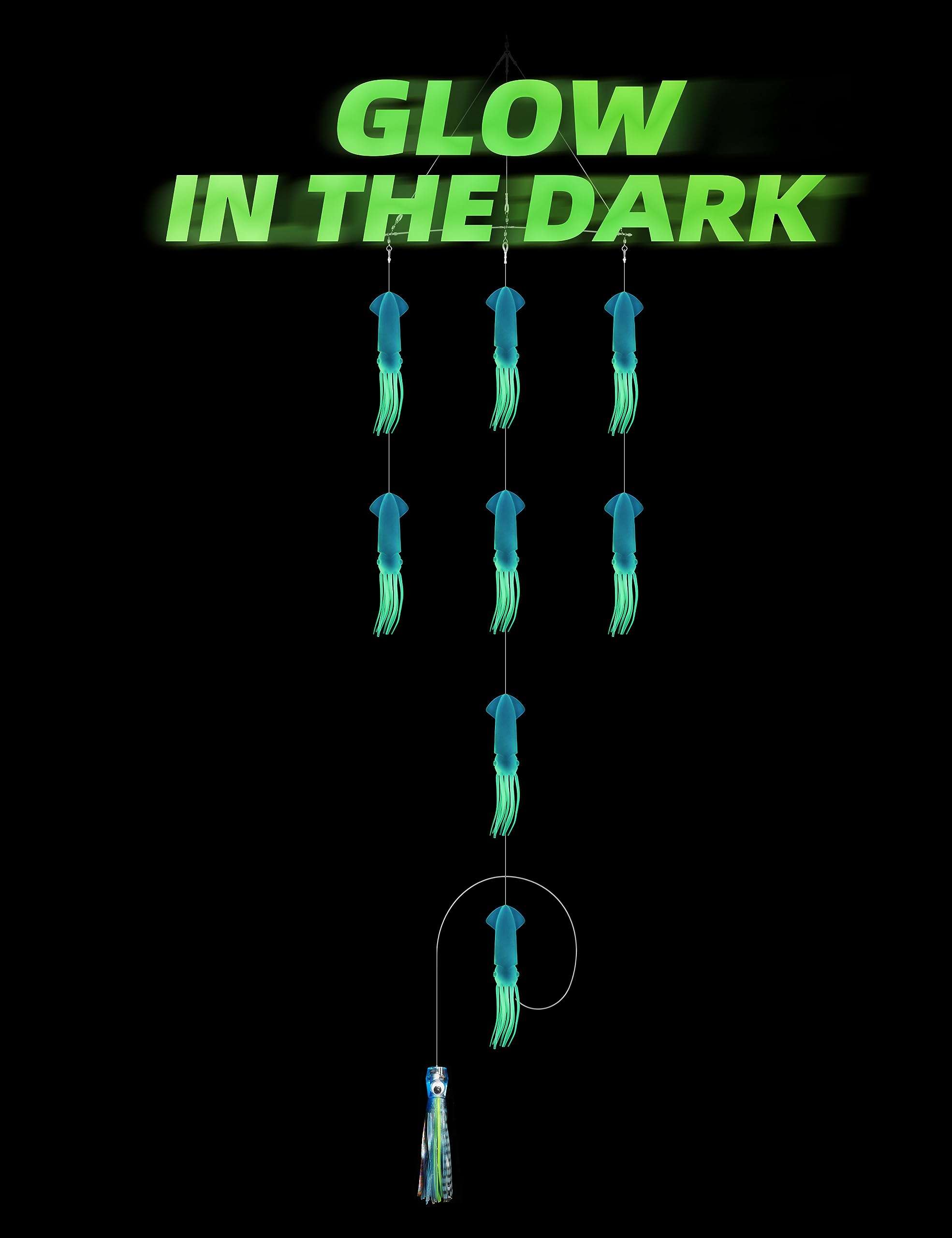 BLUEWING 18in Fishing Soft Squid Spreader Bar Offshore Fishing Spreader Bar with 9in Soft Squid and Big Game Trolling Lure for Wahoo Tuna Marlin Mahi Mahi, Blue 5